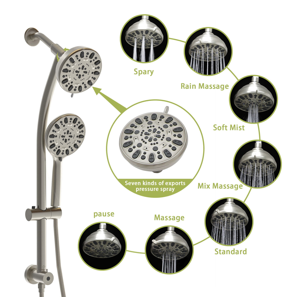 Multi Function Dual Shower Head Shower System With 4.7" Rain Showerhead, 7 Function Hand Shower, Adjustable Slide Bar - Brushed Nickel