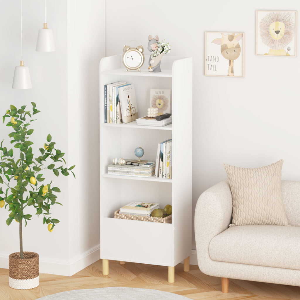 4 Tier Bookcase, Book Display With Safety Restraint, Storage Cabinet For Playroom - White