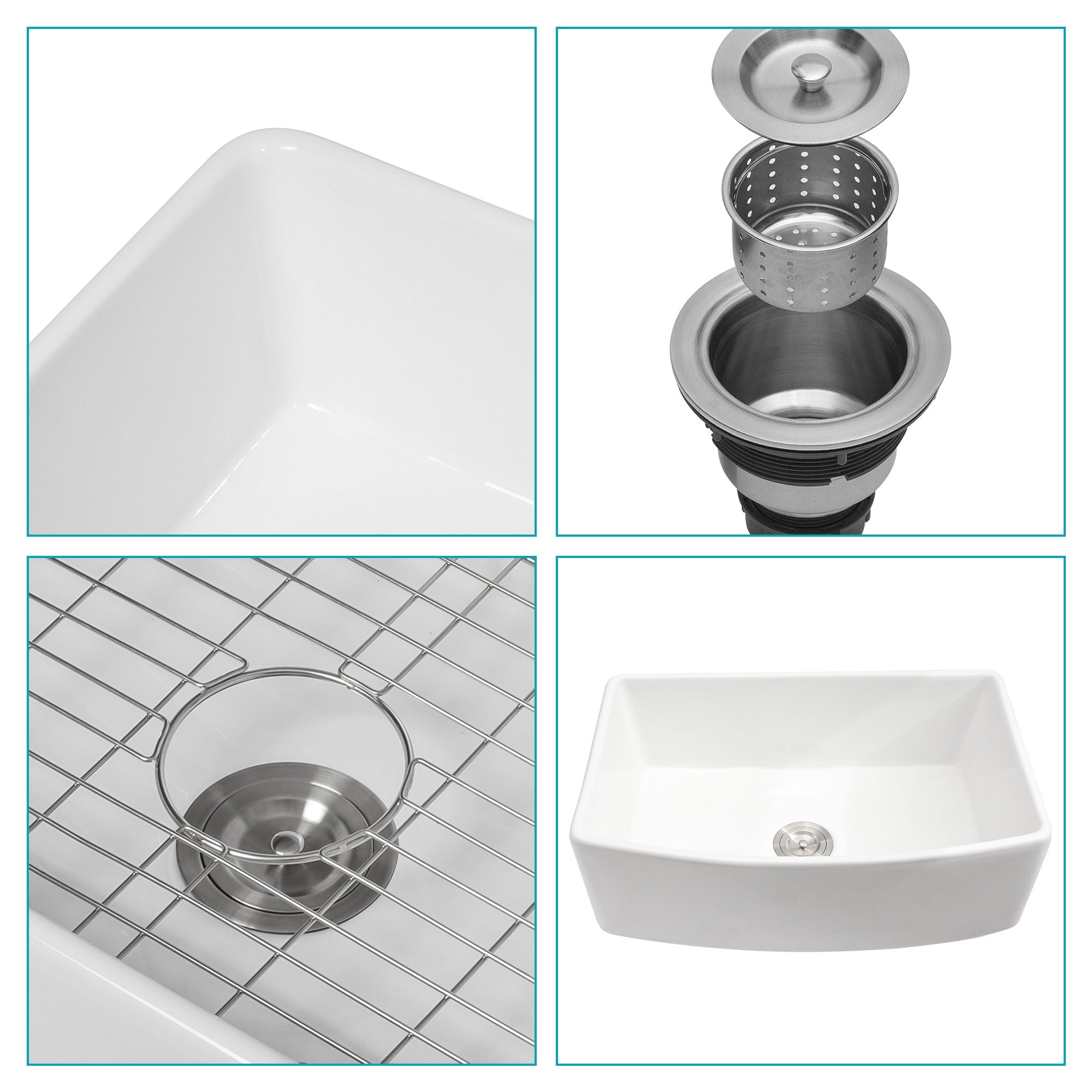 Ceramic Farmhouse Sink, Apron Front Single Bowl With Arch Edge
