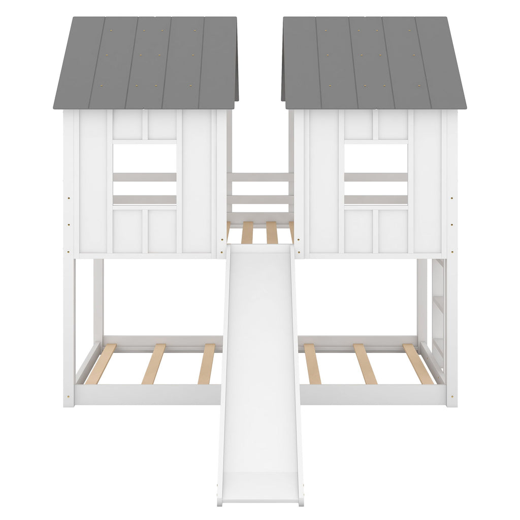 Twin Over Twin House Bunk Bed With Slide And Windows - White / Gray
