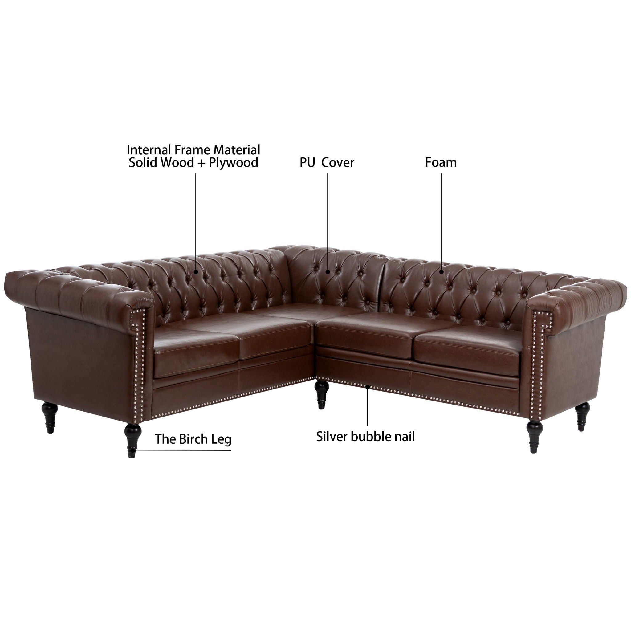 L Shaped Reversible Modern Chesterfield Sofa With Rolled Arms And Nailhead, 5 Seat Tufted Couch