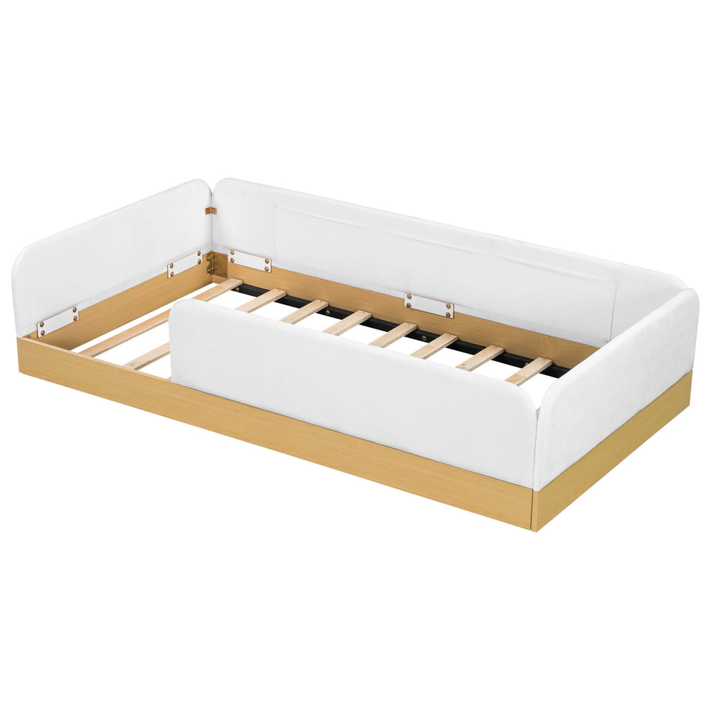 Twin Upholstered Platform Bed With Guardrail And Storage Bags - Natural