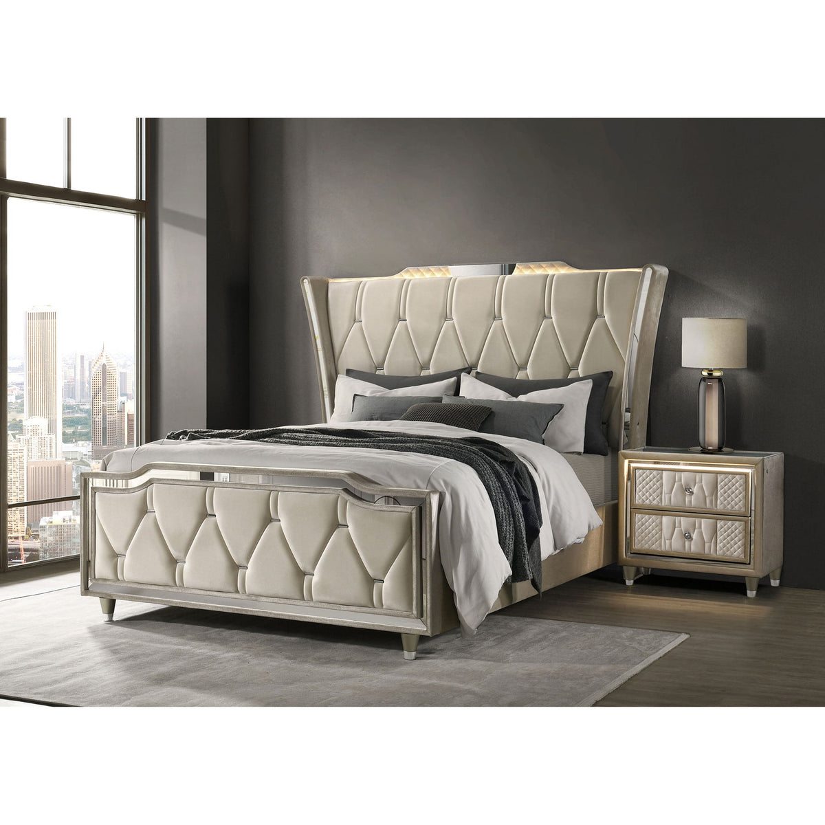 Mika - LED Upholstered Bed With Tufted Wingback Headboard And Ambient Lighting