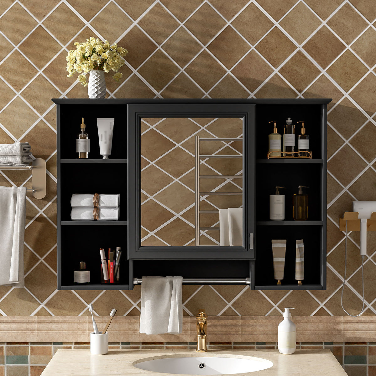 3 In 1 Modern Bathroom Mirror Cabinet With Adjustable Shelf, Soft Close Door, High Definition Mirror & Towel Bar
