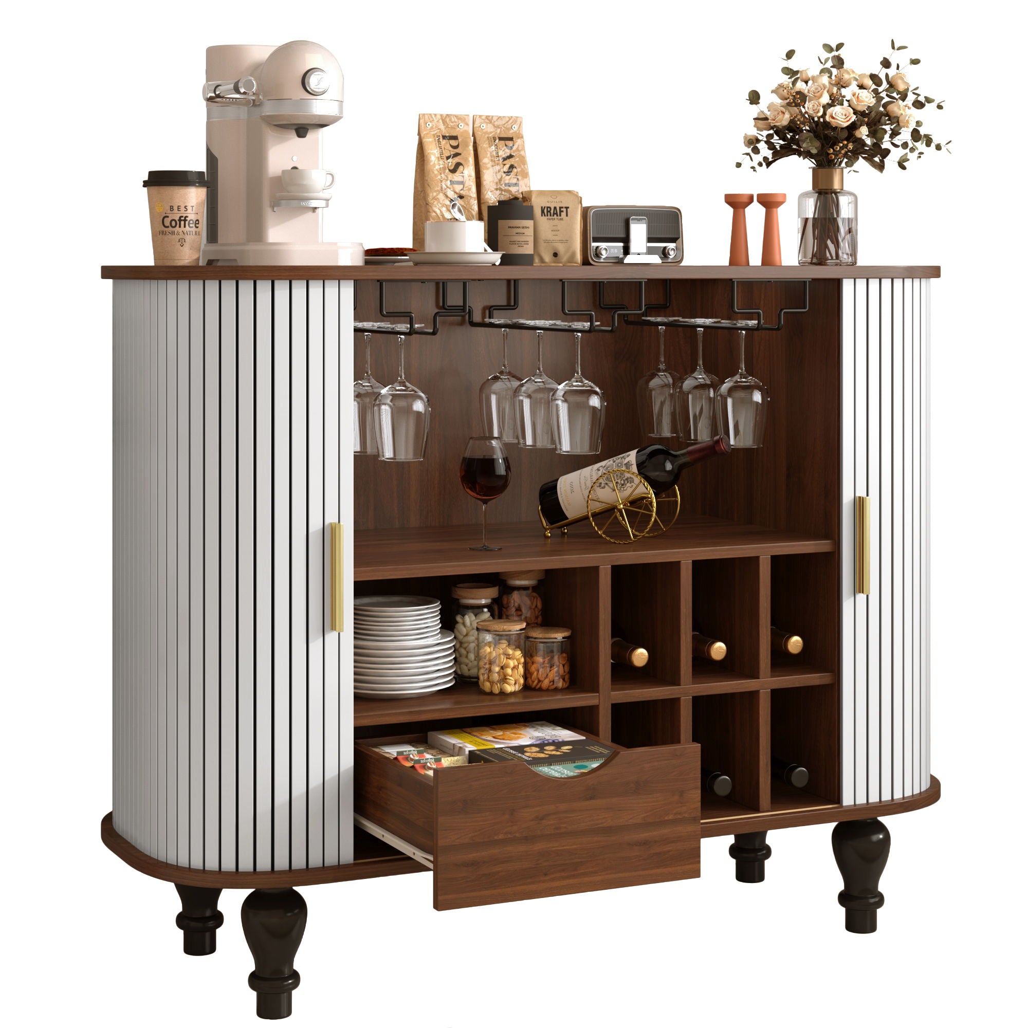 Fluted Liquor & Coffee Bar Cabinet With 6 Wine Racks And 3 Glass Holders