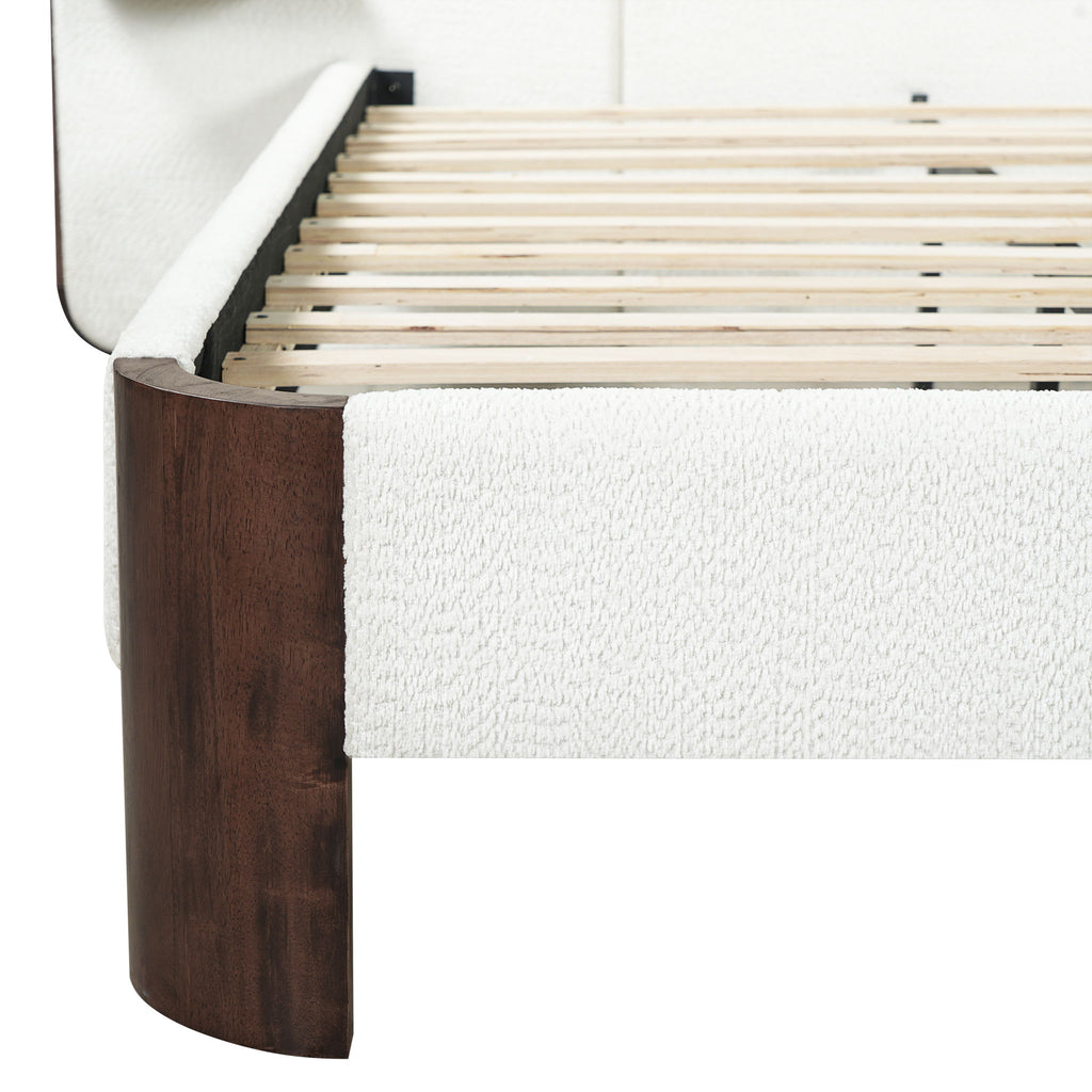 King Upholstered Platform Bed Frame With Curved Headboard, Built-In Floating Shelves, Wood Slats And Metal Support - White & Brown