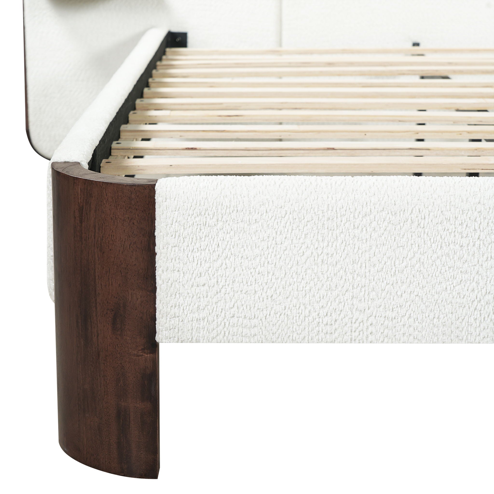 King Upholstered Platform Bed Frame With Curved Headboard, Built-In Floating Shelves, Wood Slats And Metal Support - White & Brown