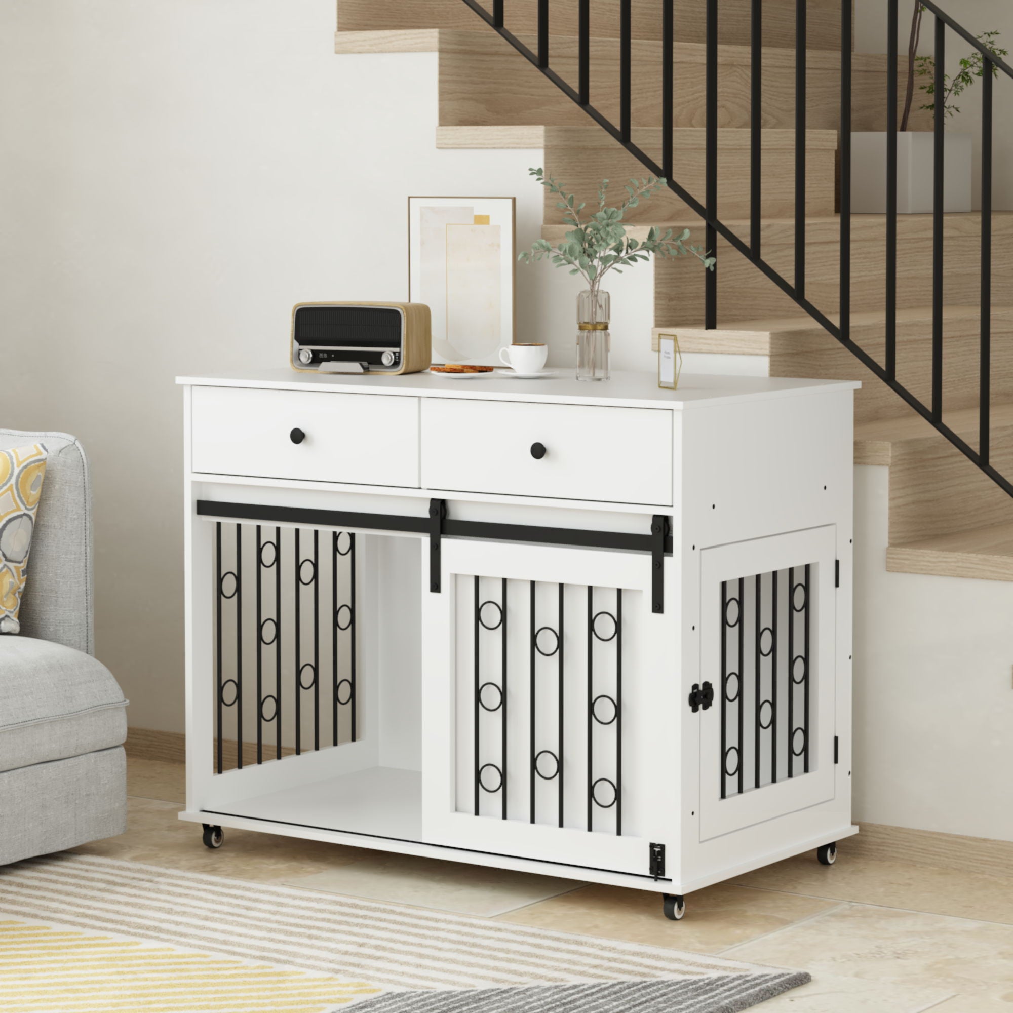 Dog Crate Furniture With Double Drawers And Sliding Barn Door, Pet Kennel For Small To Medium Dogs - White