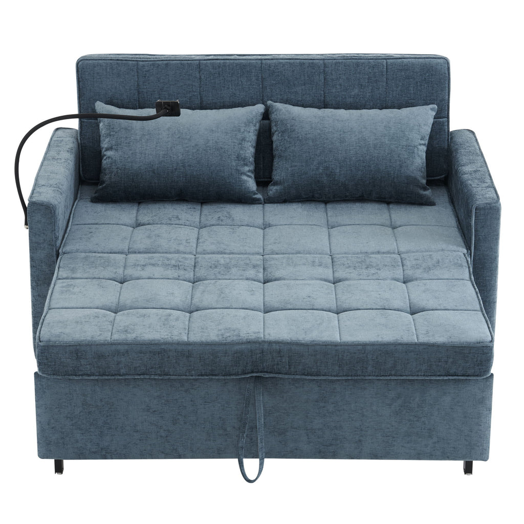 Pull-Out Sleeper Sofa With Reversible Backrest Cushion, Side Pockets, 2 USB Ports And A Phone Holder For Living Room