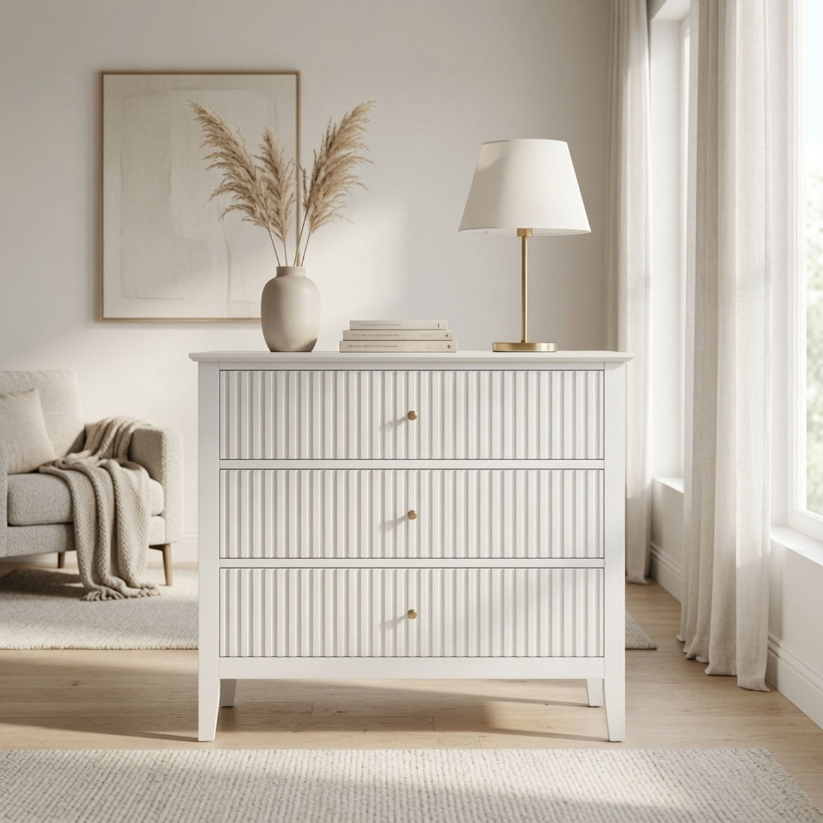 3 Drawer Nightstand, Wide With Soft Close Slides - White