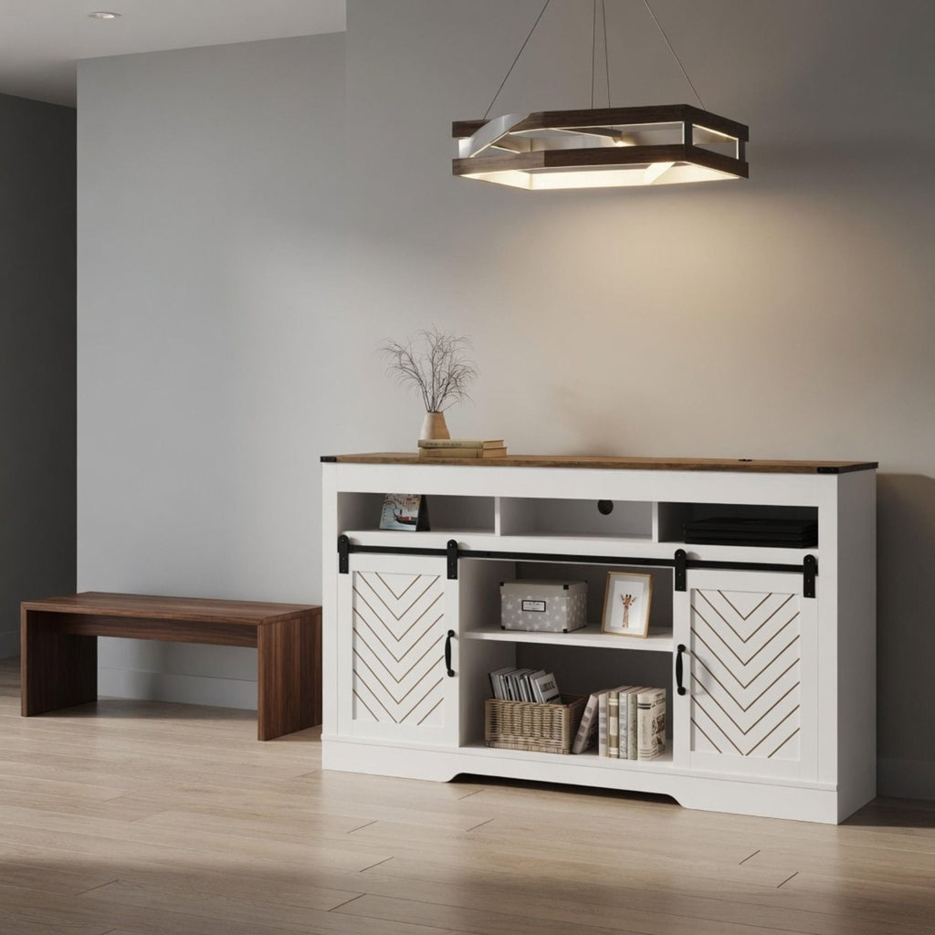 TV Stand With Sliding Barn Doors And Adjustable Storage - White / Oak
