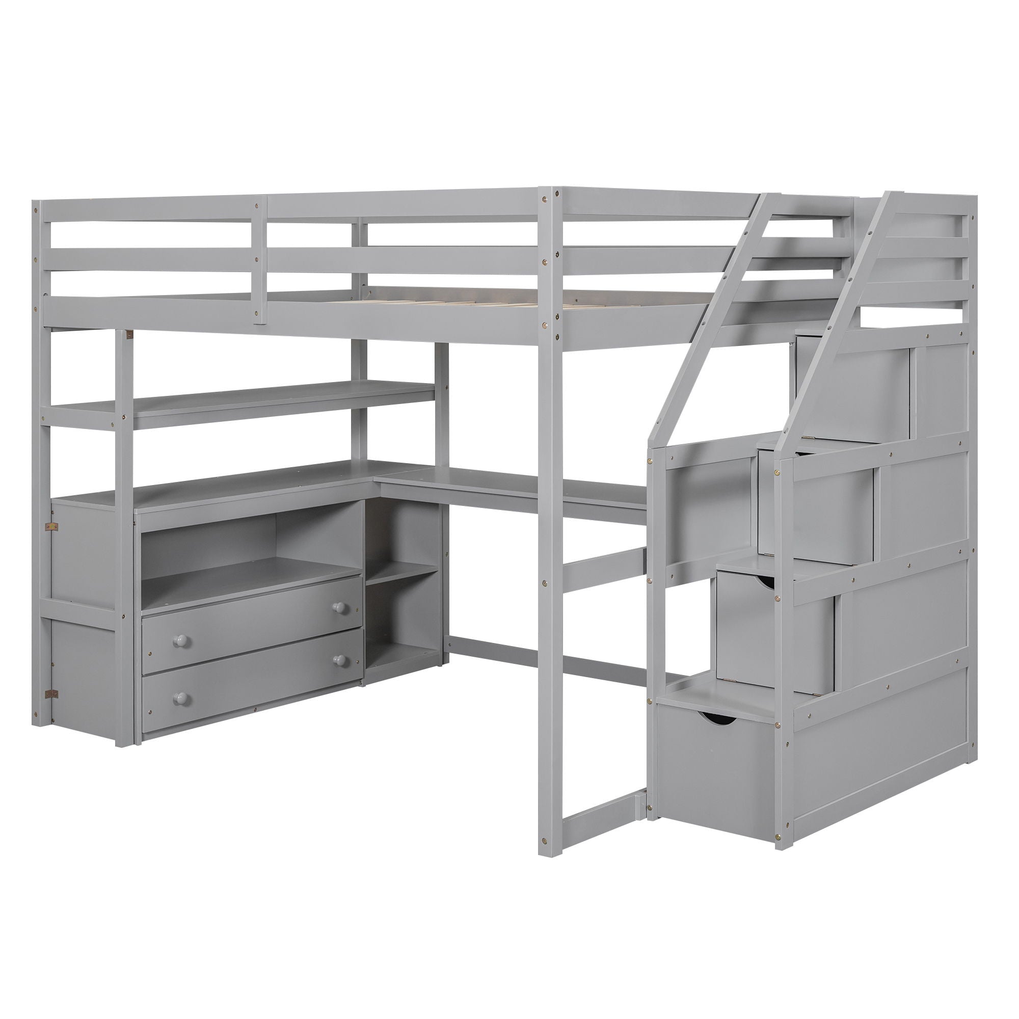 Loft Bed With Desk, Shelves, 2 Drawers, Storage Staircase