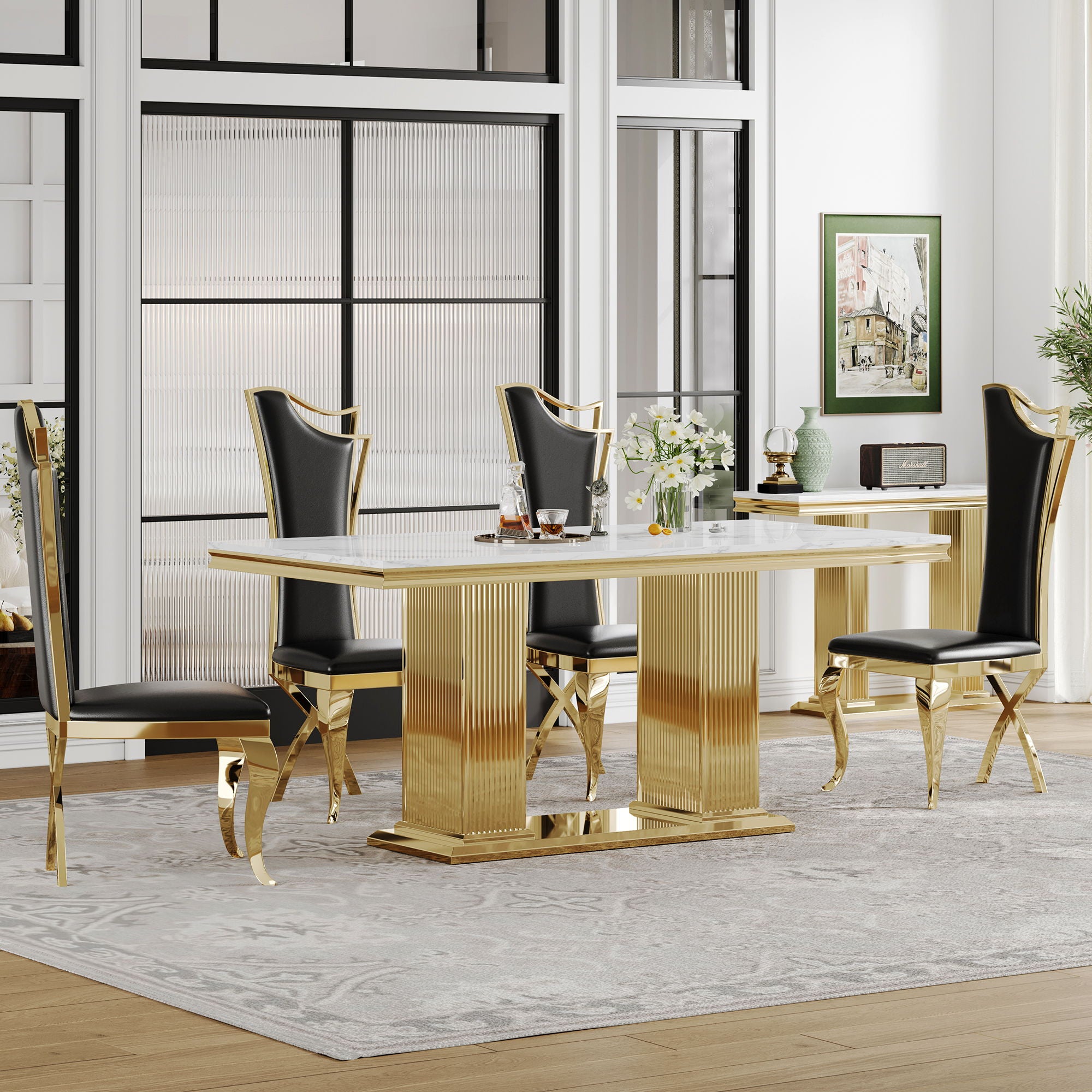 Marble Printed Top Rectangular Dining Table, Stainless Steel Base With Mirrored Finish