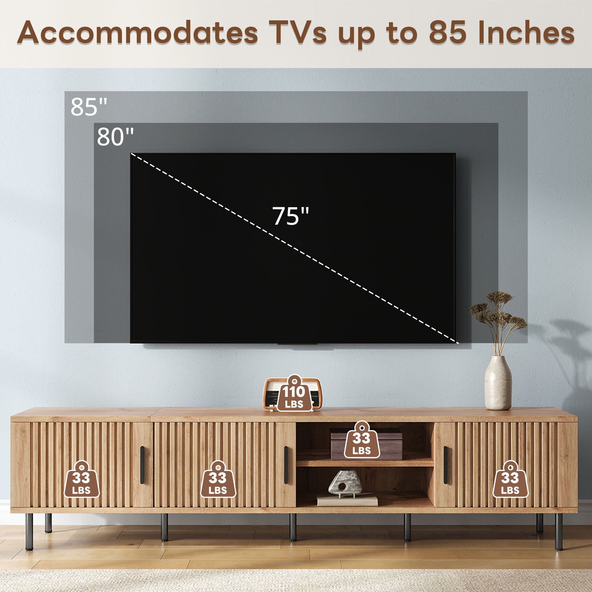 78" TV Stand For TVs Up To 85" With Closed Storage, Living Room Entertainment Center - Natural Wood
