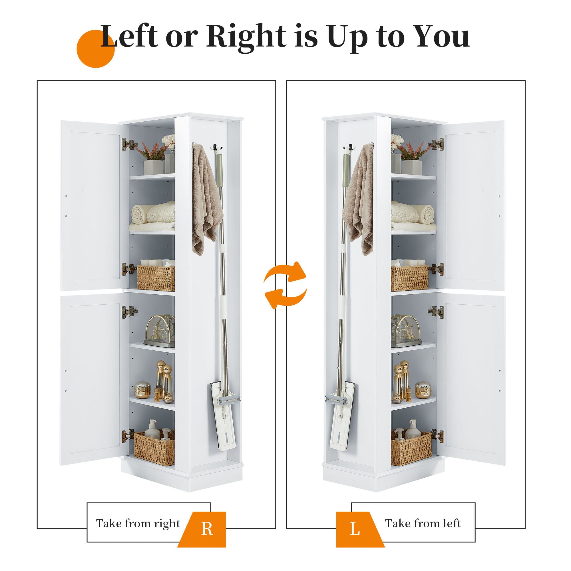 Tall Freestanding Bathroom Storage Cabinet With Adjustable Shelves And Side Hooks