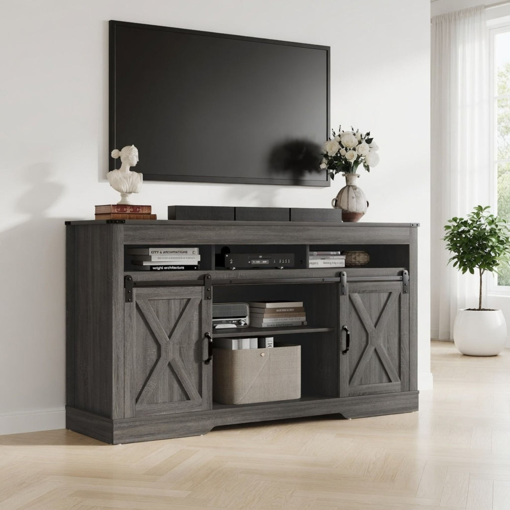 Farmhouse TV Stand With Sliding Barn Doors & Adjustable Storage