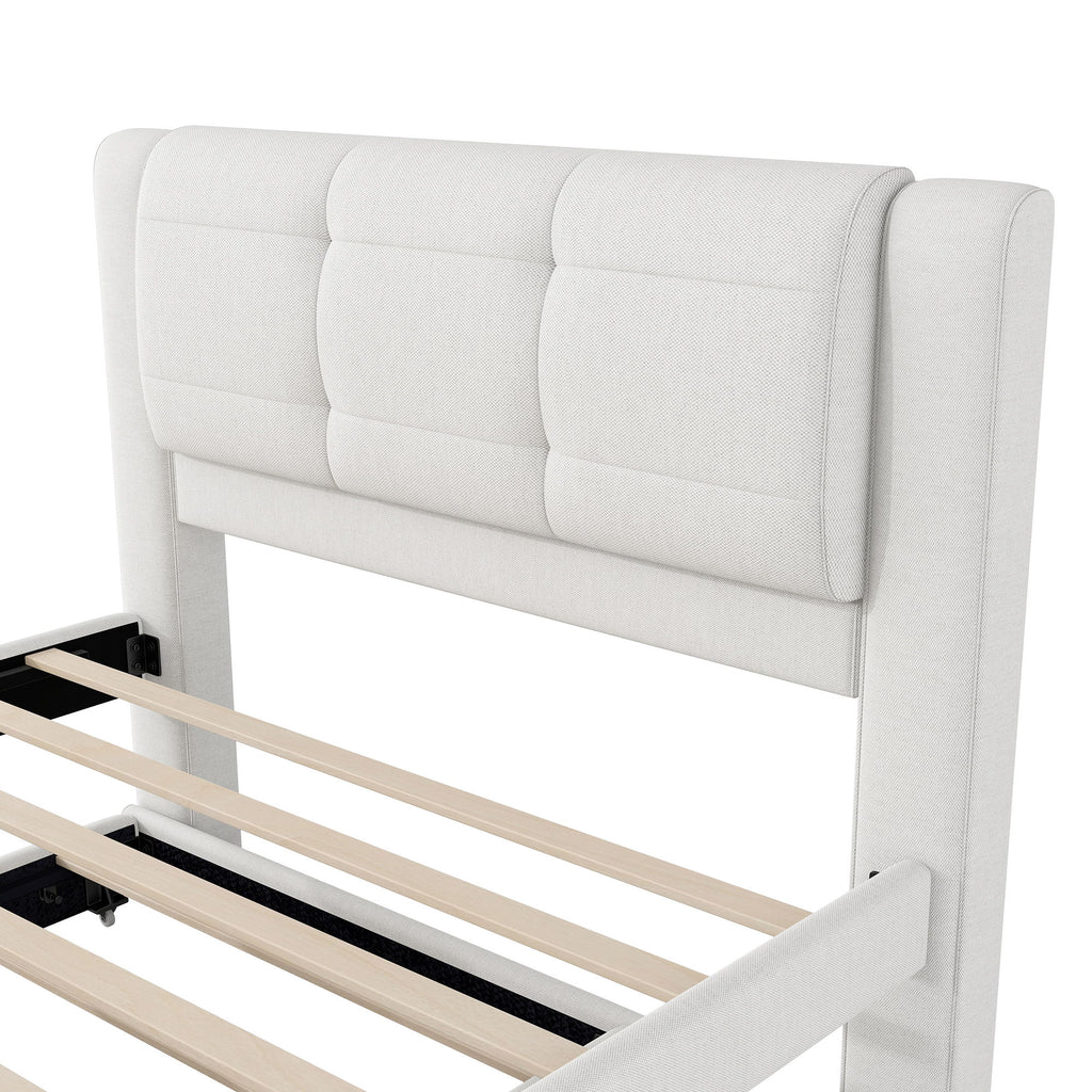 Upholstery Platform Bed With Trundle, Trundle Can Be Flat Or Erected