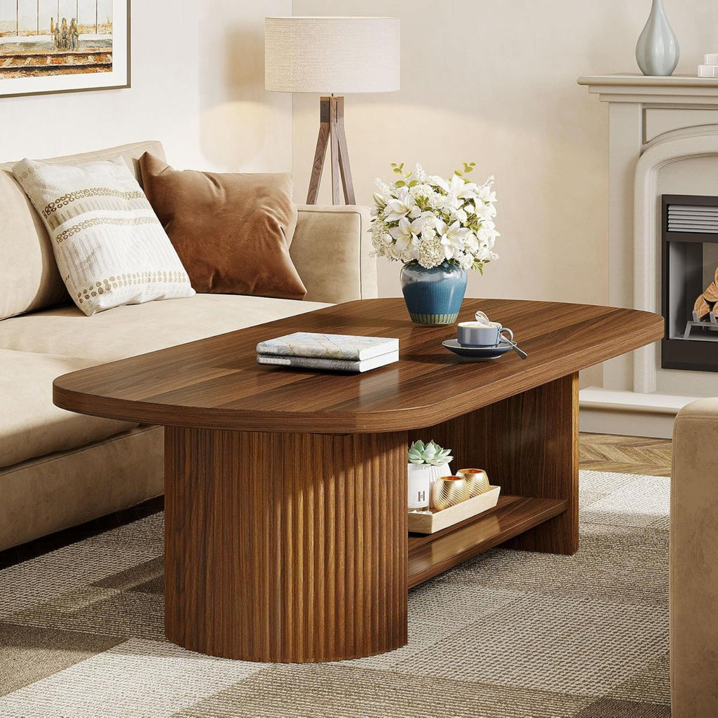 2 Tier Oval Coffee Table With Storage Shelf For Living Room - Rustic Brown