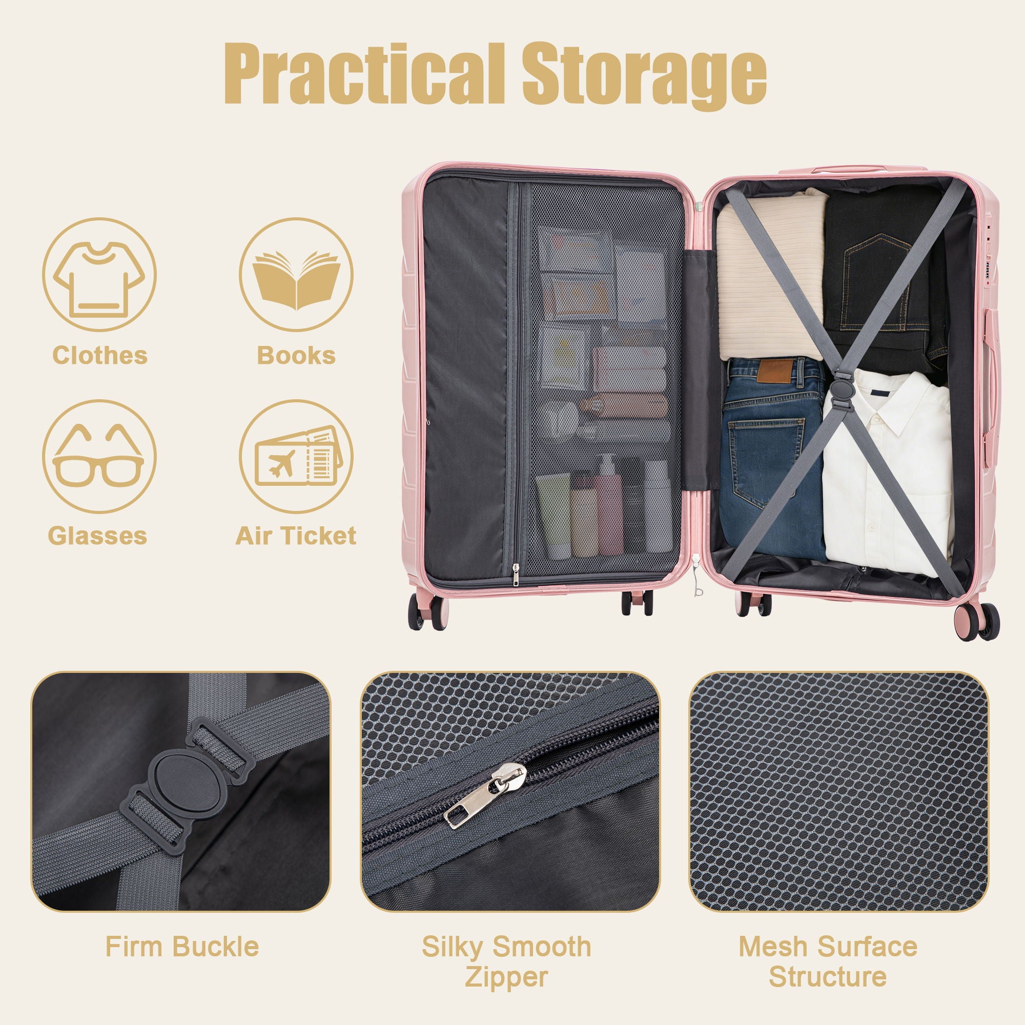 Hard Shell Luggage With Scratch Resistant Surface, 4 Wheels, Combination Lock & Side Hooks