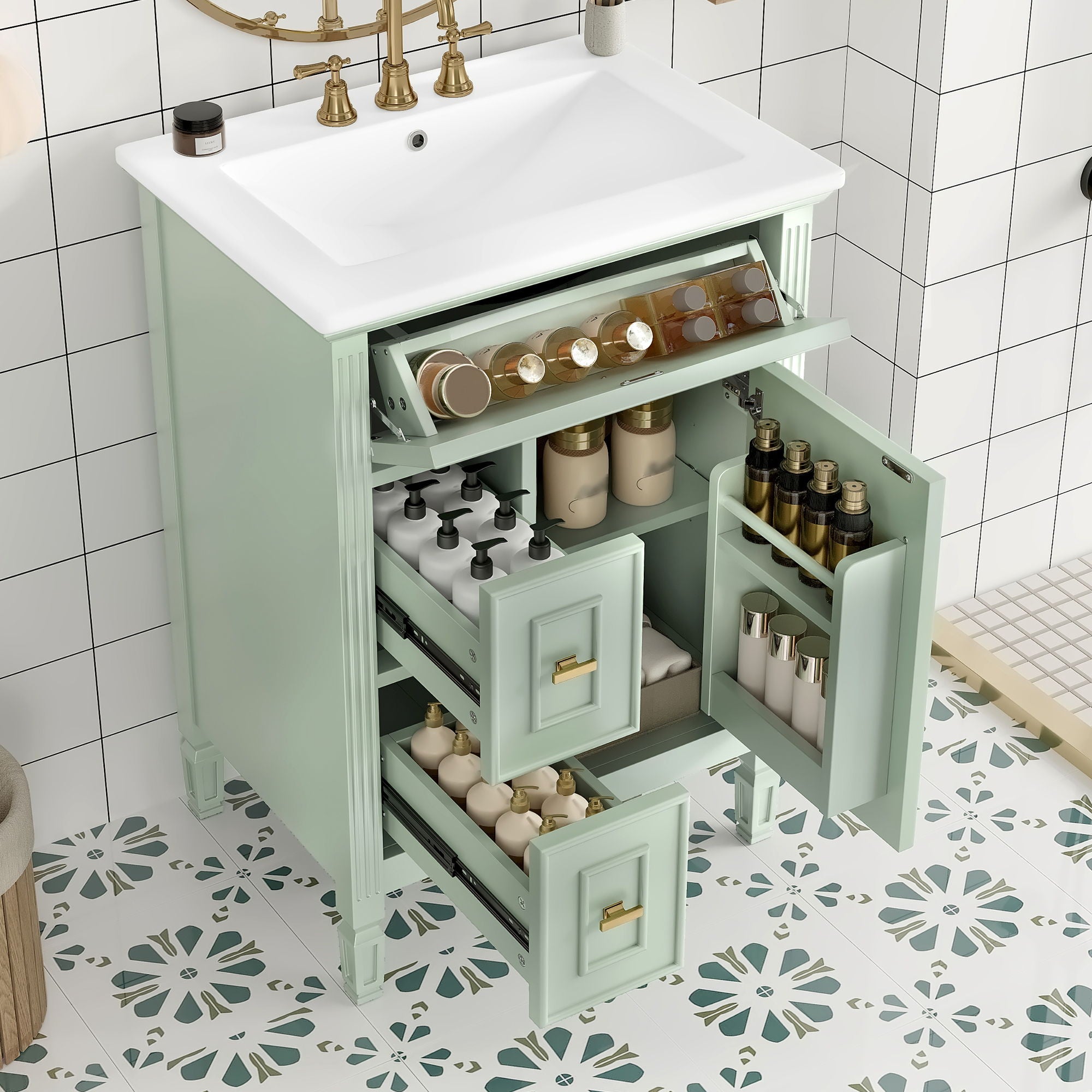 Bathroom Vanity With Sink, Flip Drawer, 2 Drawers, Adjustable Shelf