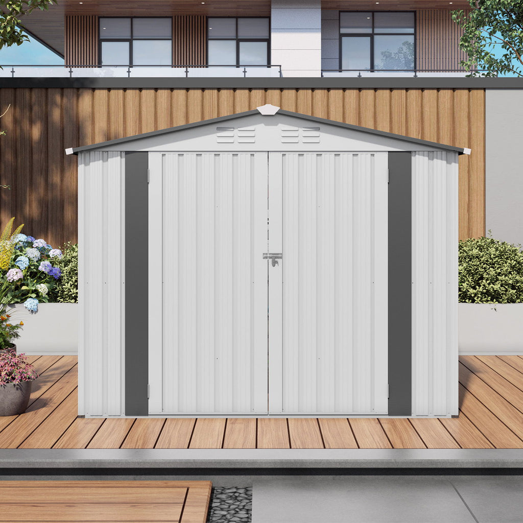 Outdoor Garden Storage Shed, Tool Shed With Pitched Roof Waterproof With 1 Window And 2 Lockable Door - White / Gray