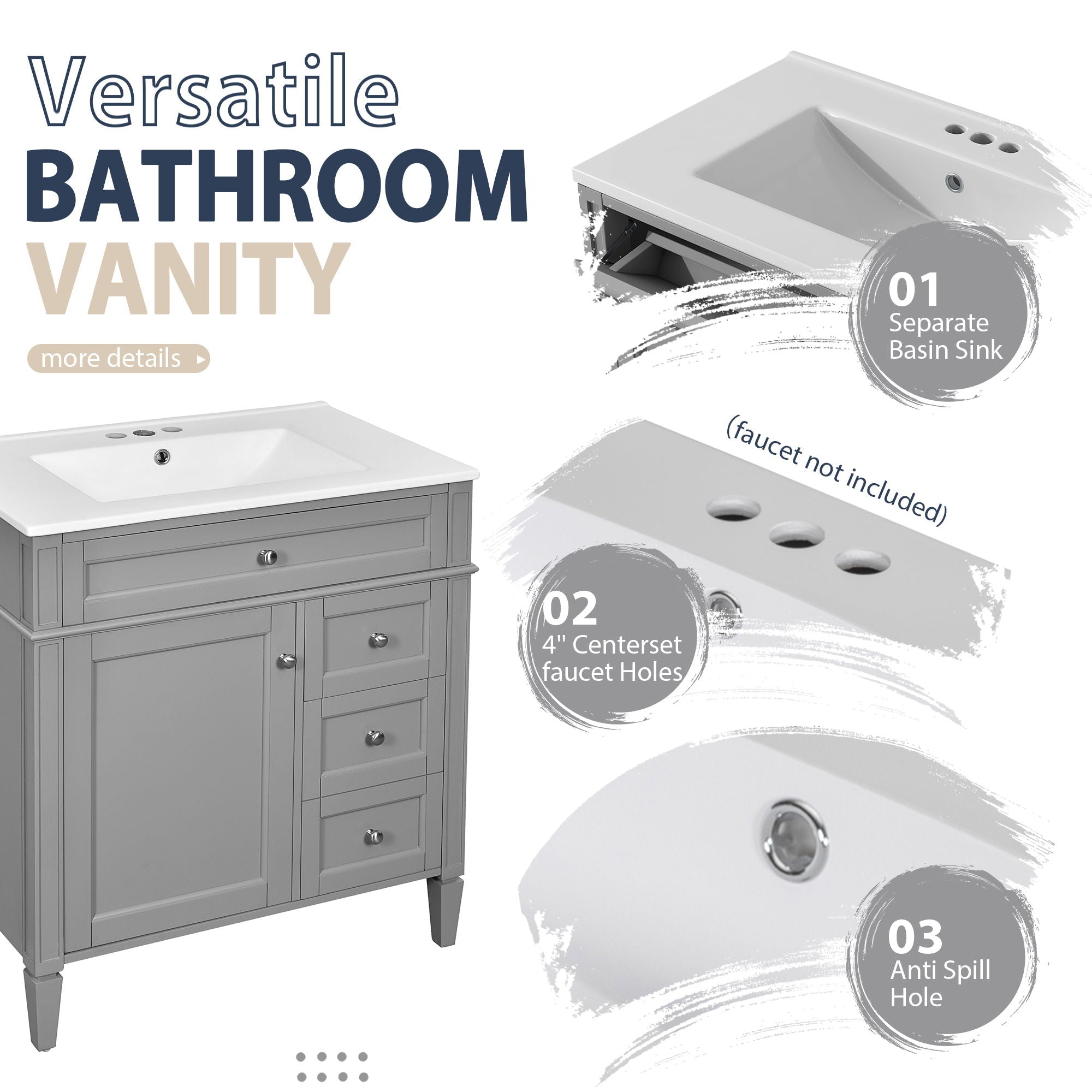 Bathroom Vanity With Top Sink, Freestanding Storage Cabinet With 2 Doors And 3 Drawers, Mirror Cabinet Included - Gray