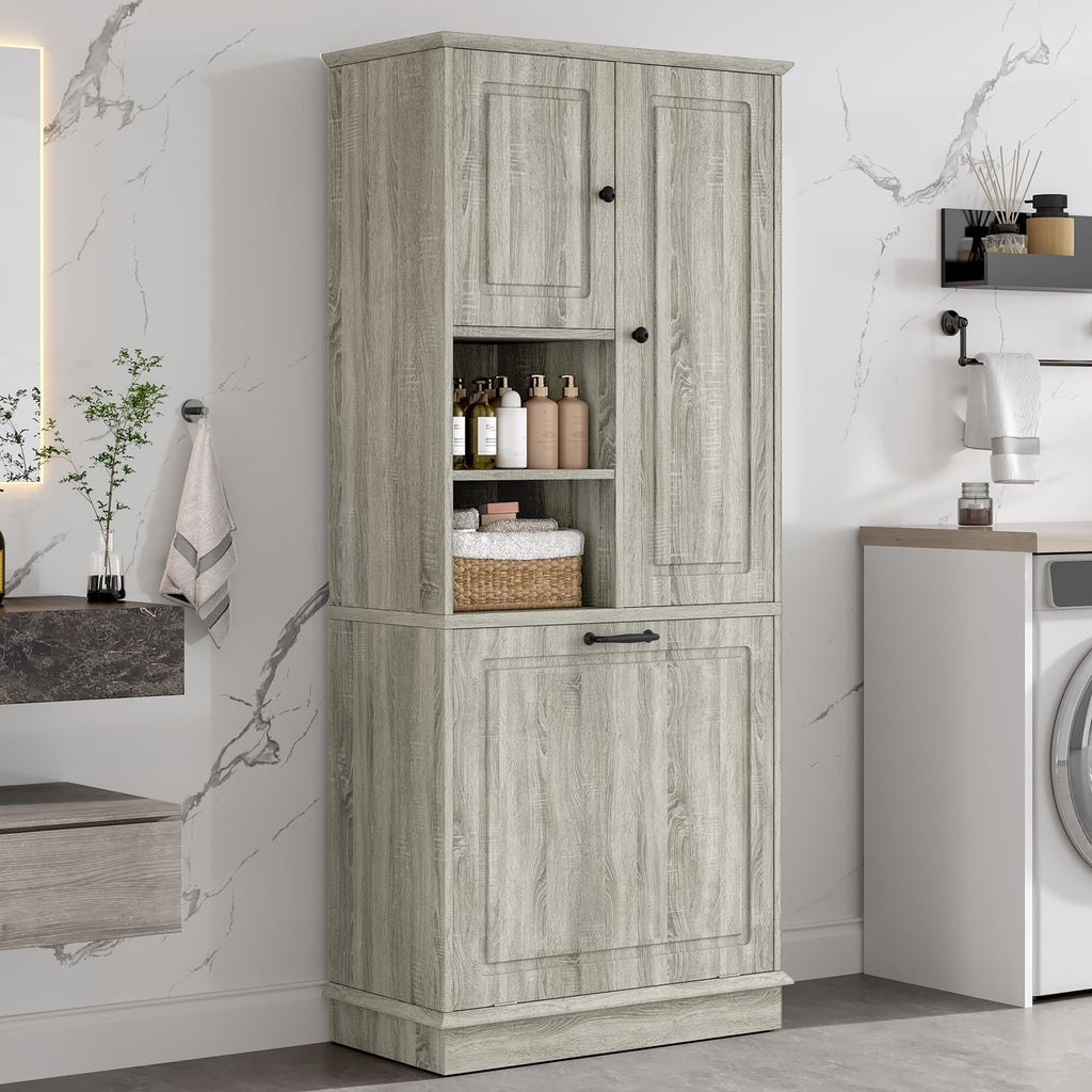 Modern Tall Storage Cabinet With Adjustable Shelves, Flip-Out Basket & Enclosed Doors