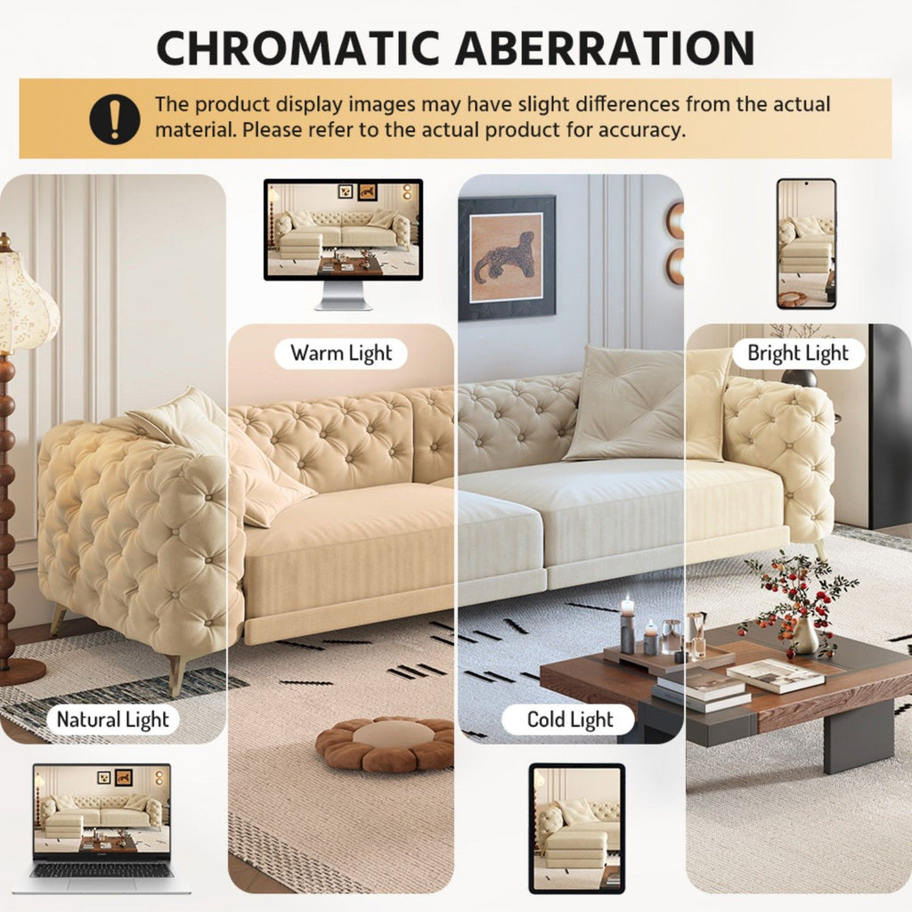 3 In 1 Convertible Sleeper Sofa, Pull Out Bed, Button Tufted, 4 Seater Couch With Movable Ottoman For Apartment - Apricot