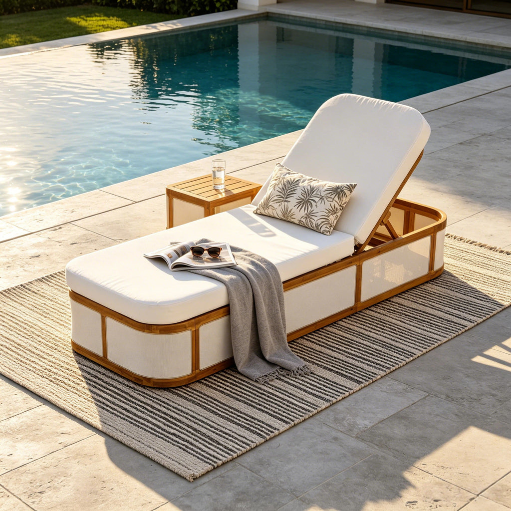 Chaise Lounge Set With 2 Fold Cushion, 3 Position Backrest - Beige / Cream / Teak