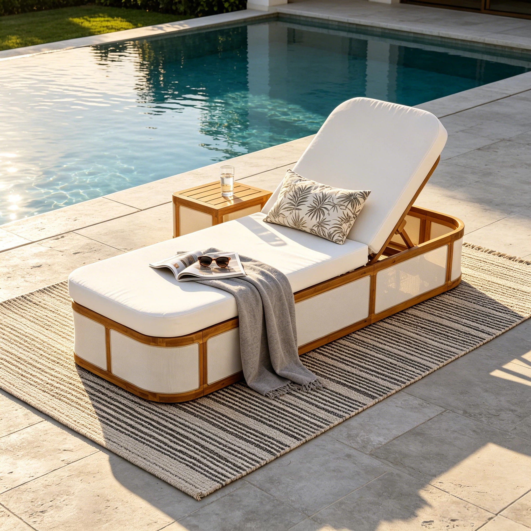 Chaise Lounge Set With 2 Fold Cushion, 3 Position Backrest - Beige / Cream / Teak