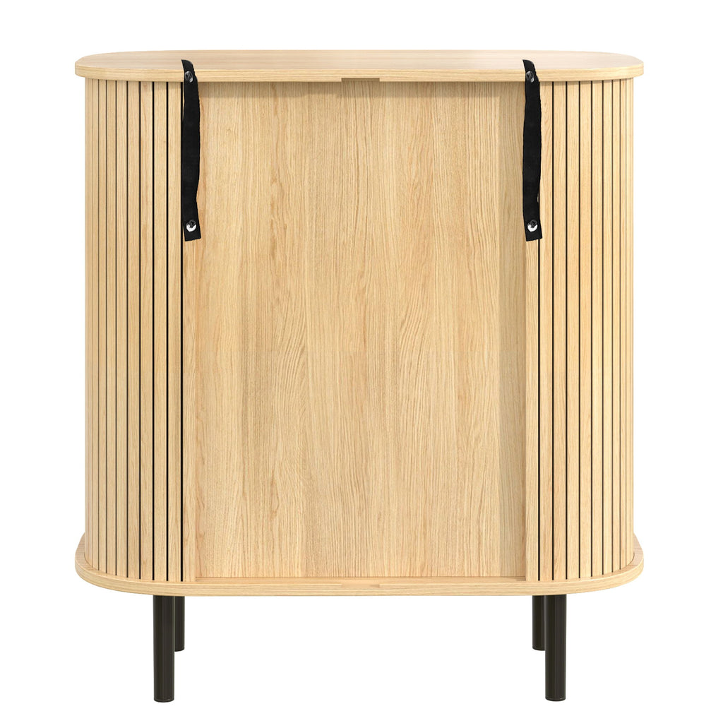 Fluted Wine Bar Cabinet With 8 Grid Wine Rack, 5 Level Adjustable Shelves, 2 Glass Holders