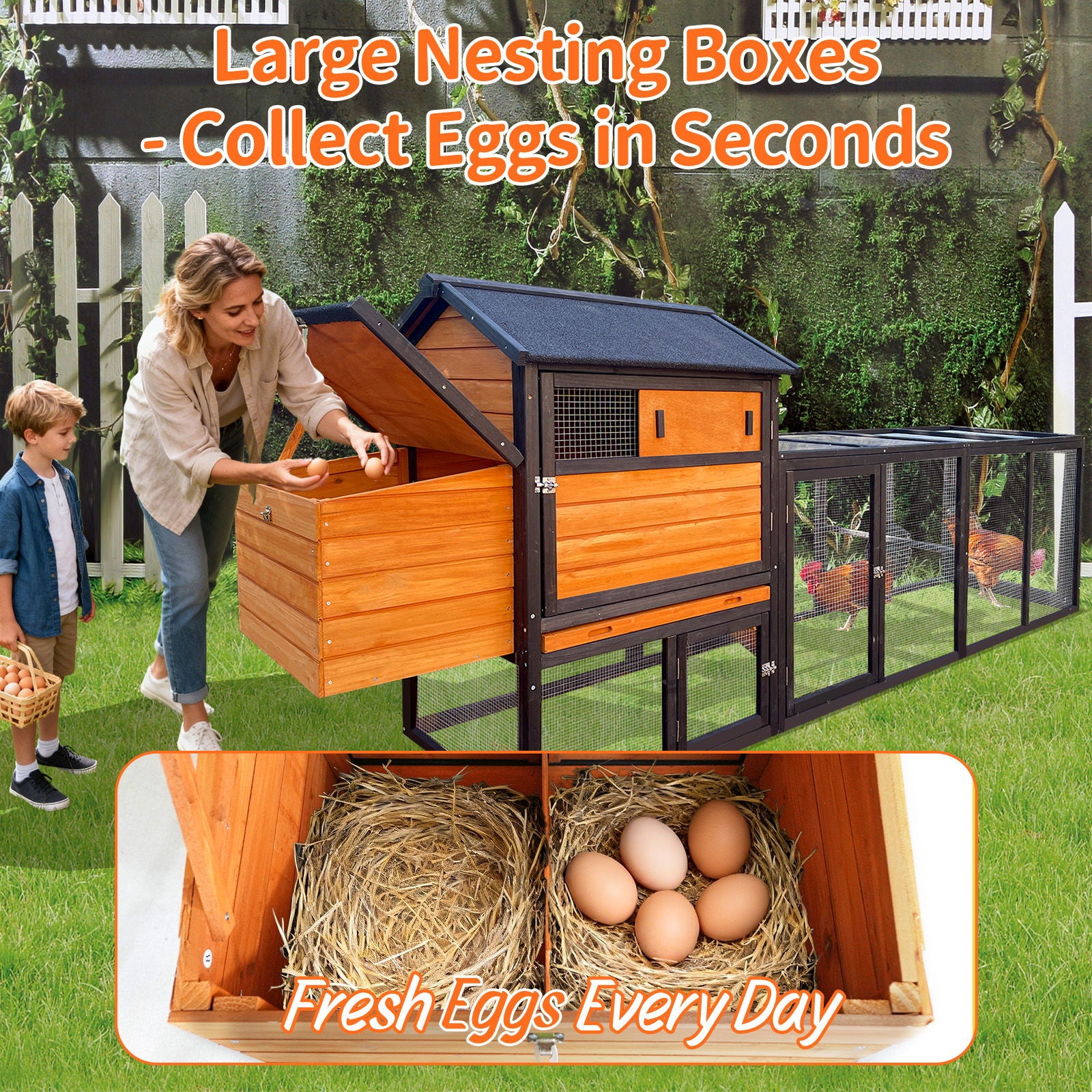 Chicken Coop, Large Outdoor Hen House & Run And Nesting Box Poultry Cage, Rabbit Hutch - Brown / Black