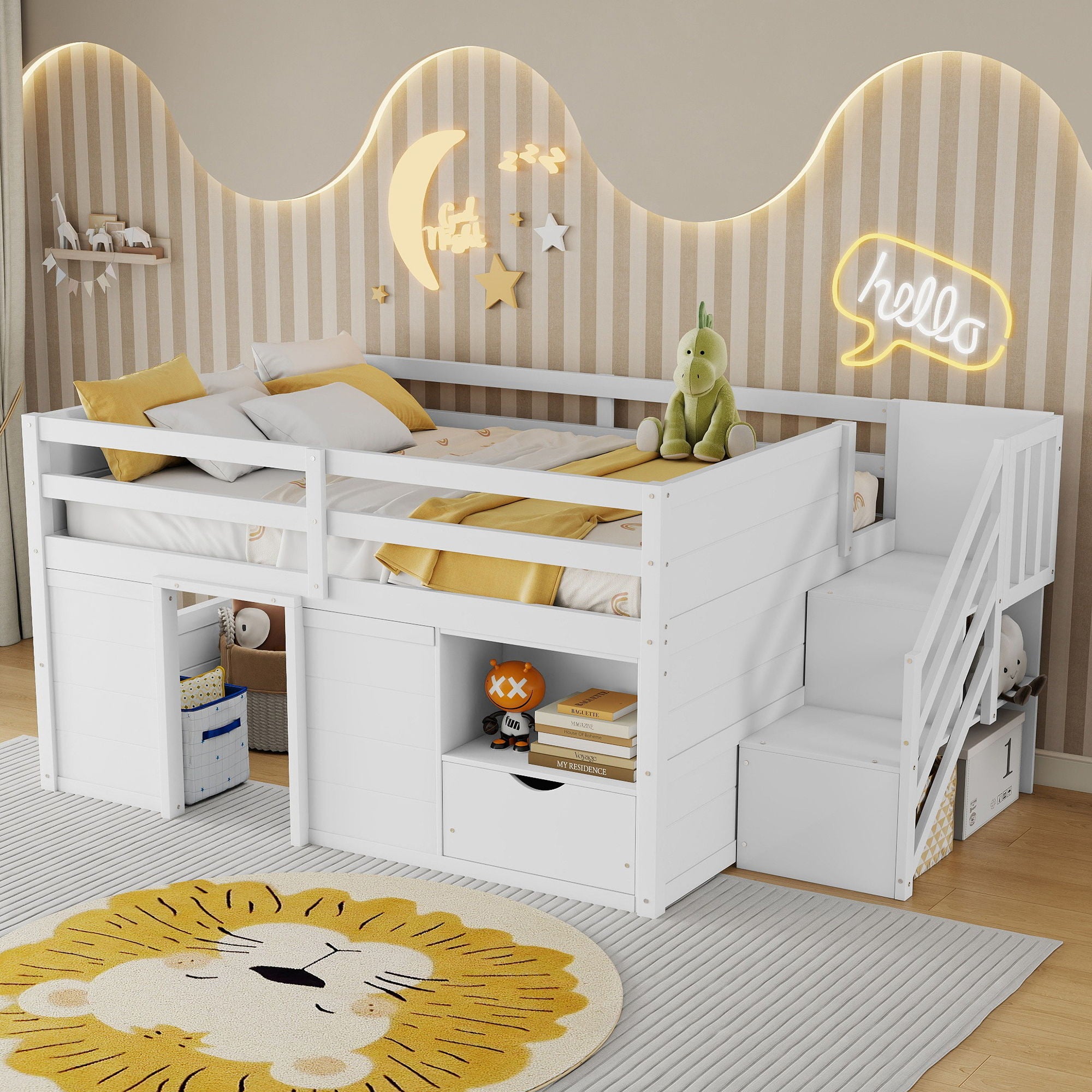 Low Loft Bed Frame With Built In Stairs, Storage Drawer, Shelf And 7 Color LED Light