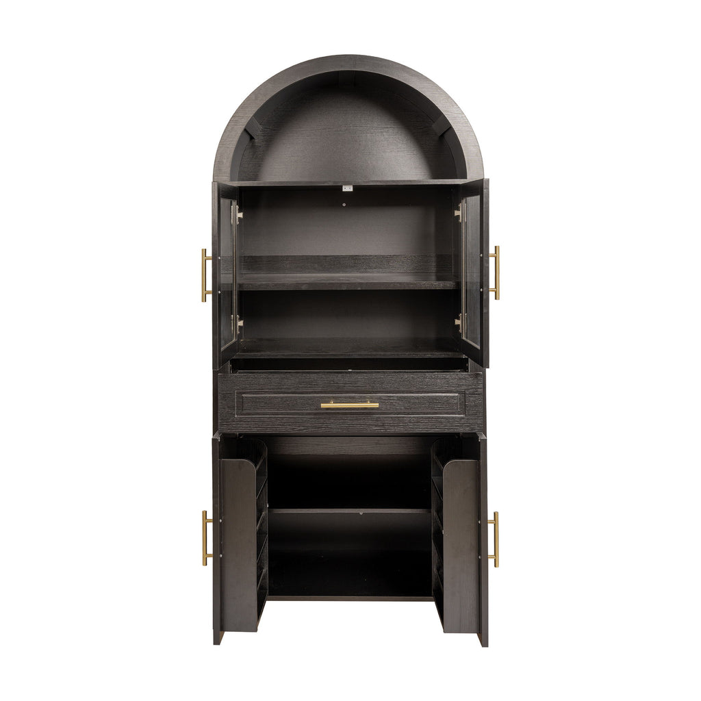 Arched Kitchen Pantry Cabinet With Adjustable Shelves And Barn Door Design