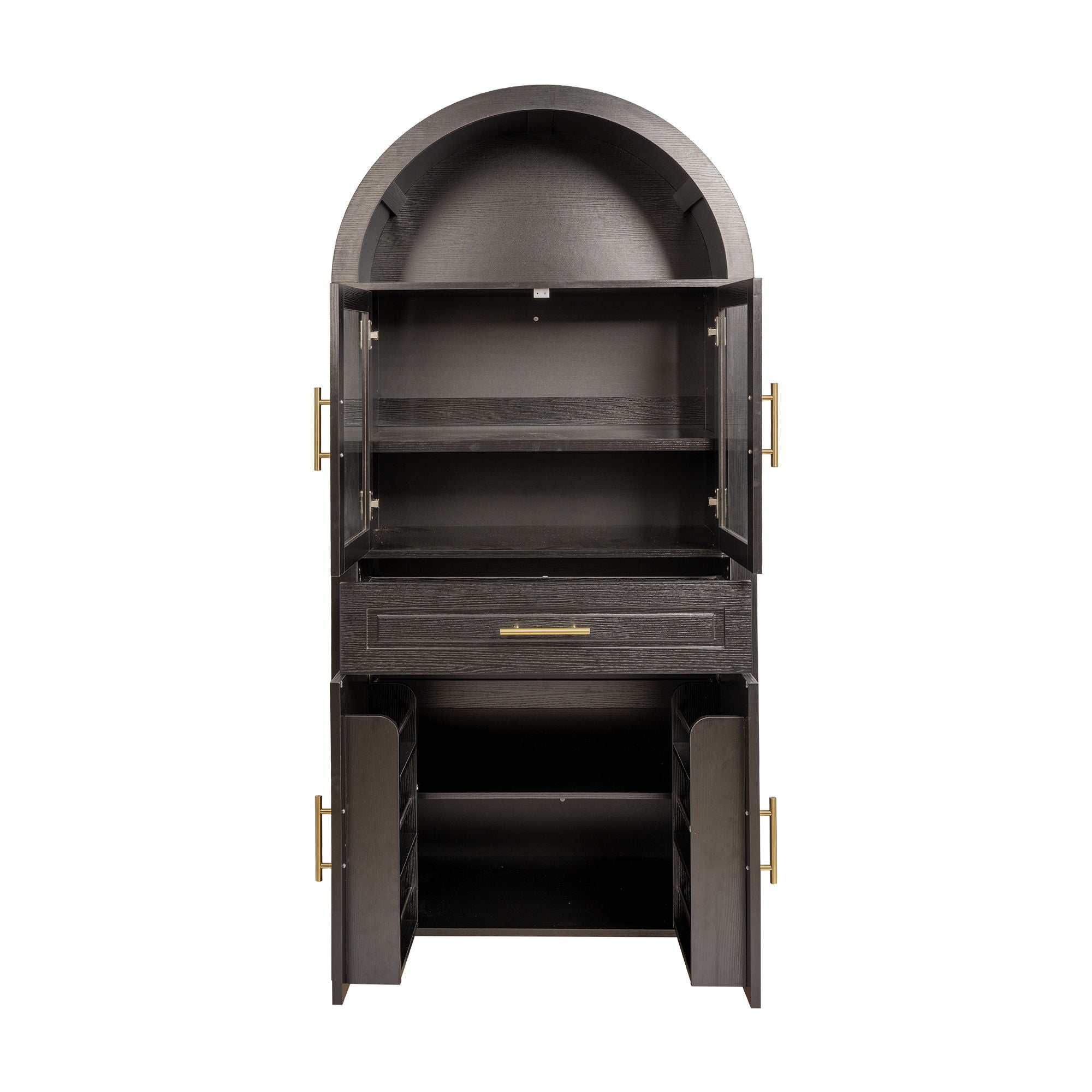 Arched Kitchen Pantry Cabinet With Adjustable Shelves And Barn Door Design