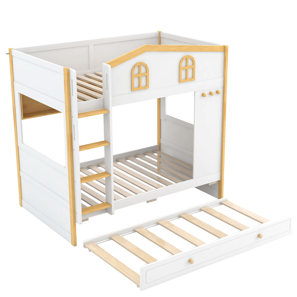 Bunk Bed With House Shaped Guardrails, Storage Shelves, And Trundle