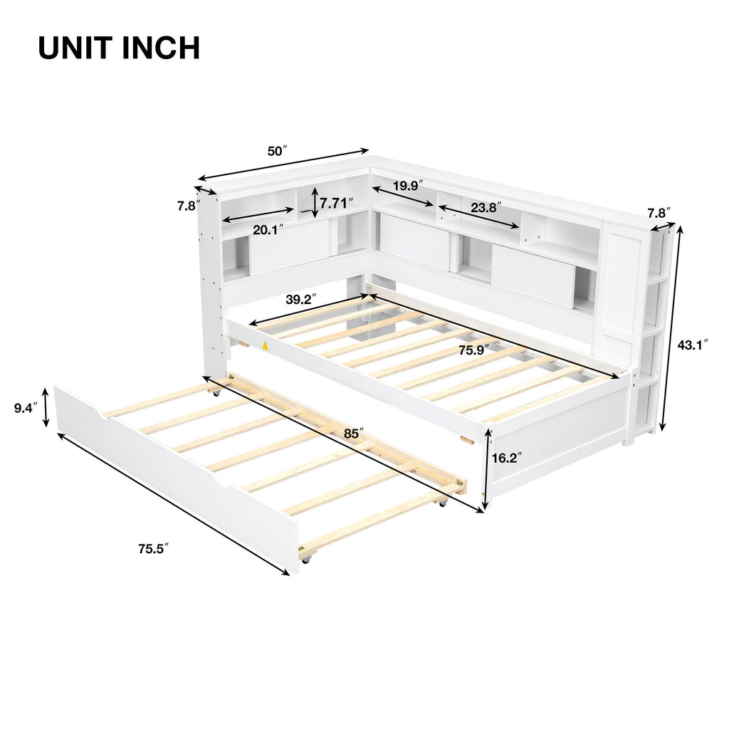 Daybed With Storage Shelves, USB Charging, And Trundle Bed