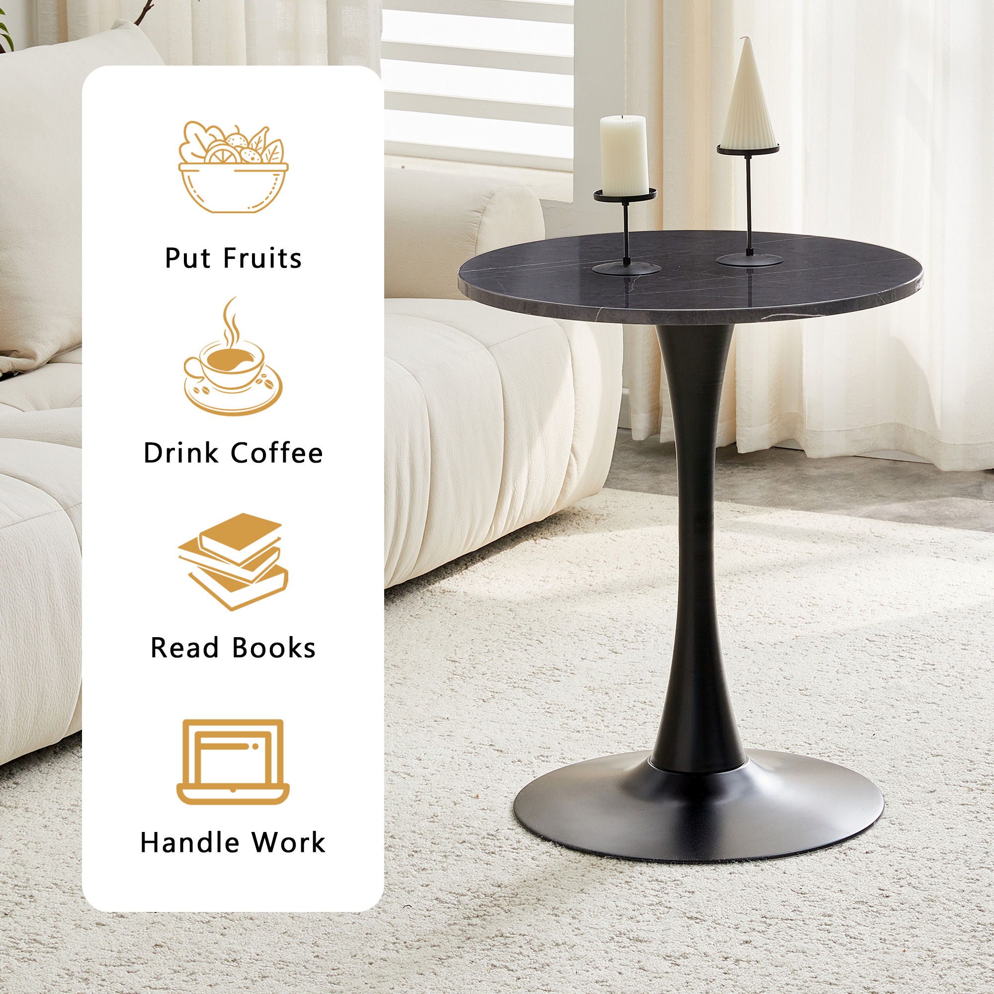 Round Dining Table With Faux Marble Top And Metal Pedestal +, 23.6" Diameter For Kitchen, Living Room, Small Spaces