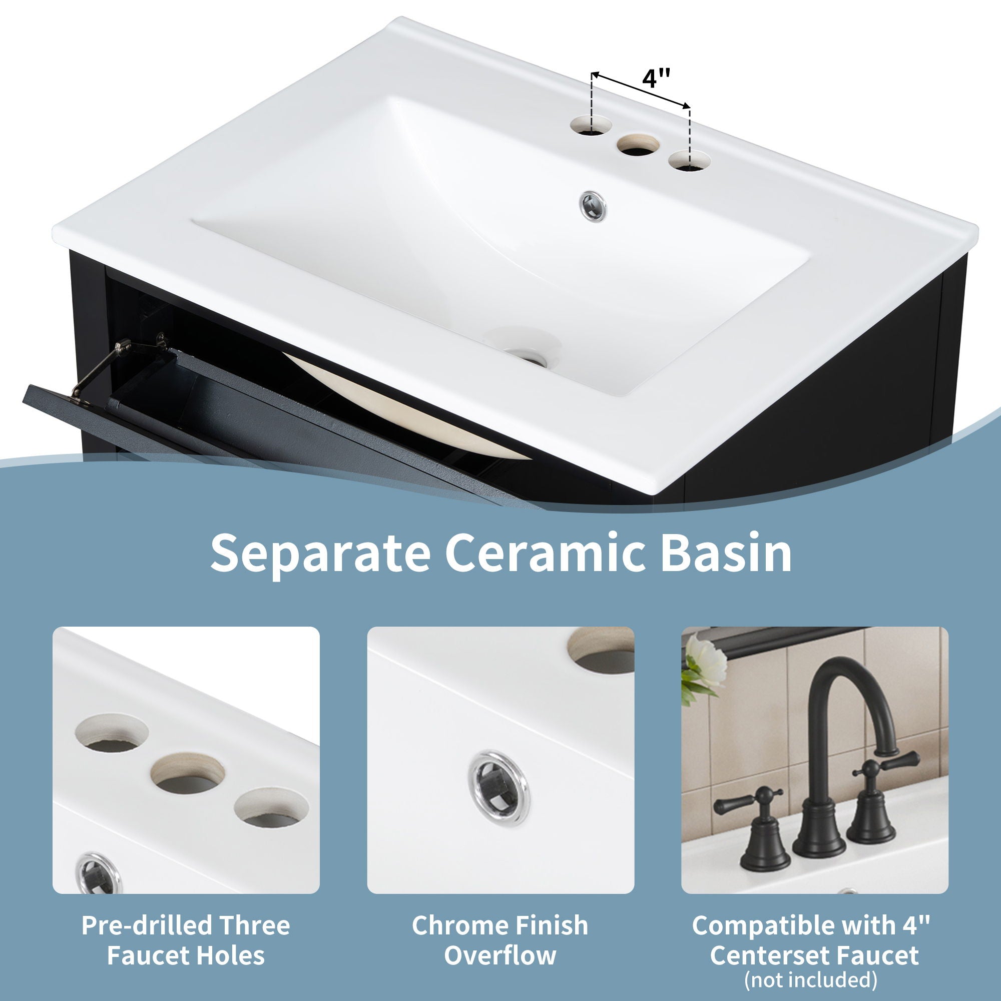 Bathroom Vanity With Sink, 3 Drawers & Cabinet With Adjustable Shelves