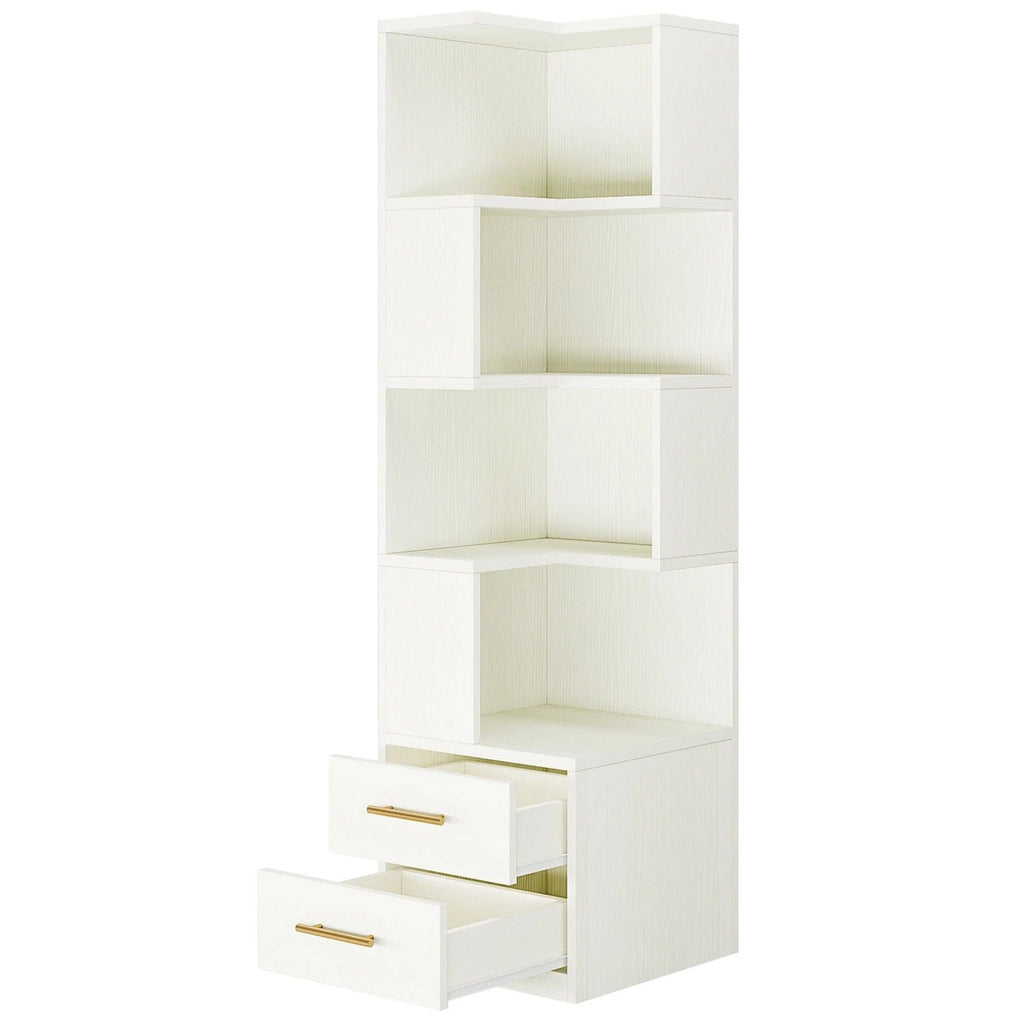 Corner Bookshelf With 2 Drawers, 5 Tier Bookcase For Apartment - White