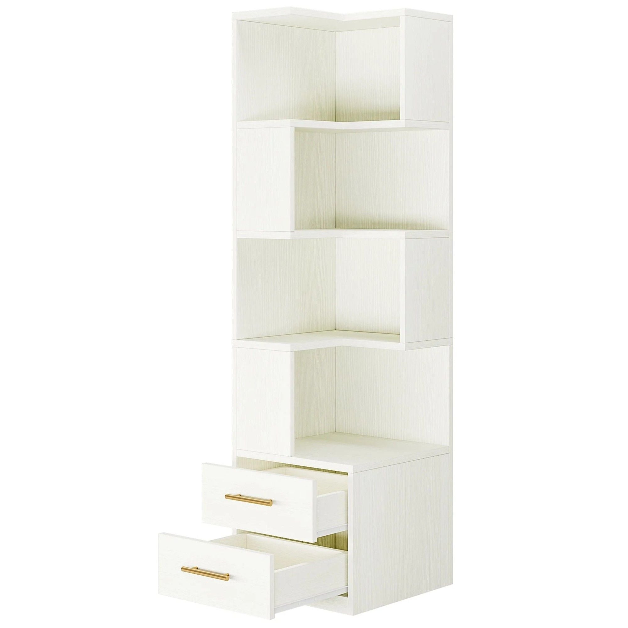 Corner Bookshelf With 2 Drawers, 5 Tier Bookcase For Apartment - White