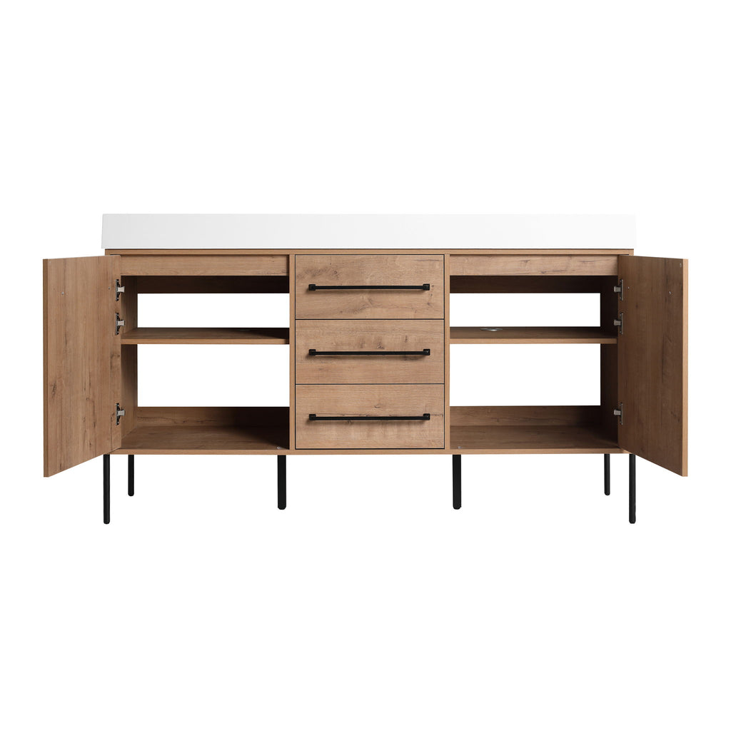 60" Freestanding Bathroom Vanity With Double Sink, Soft Close Doors, 3 Drawers - Imitative Oak