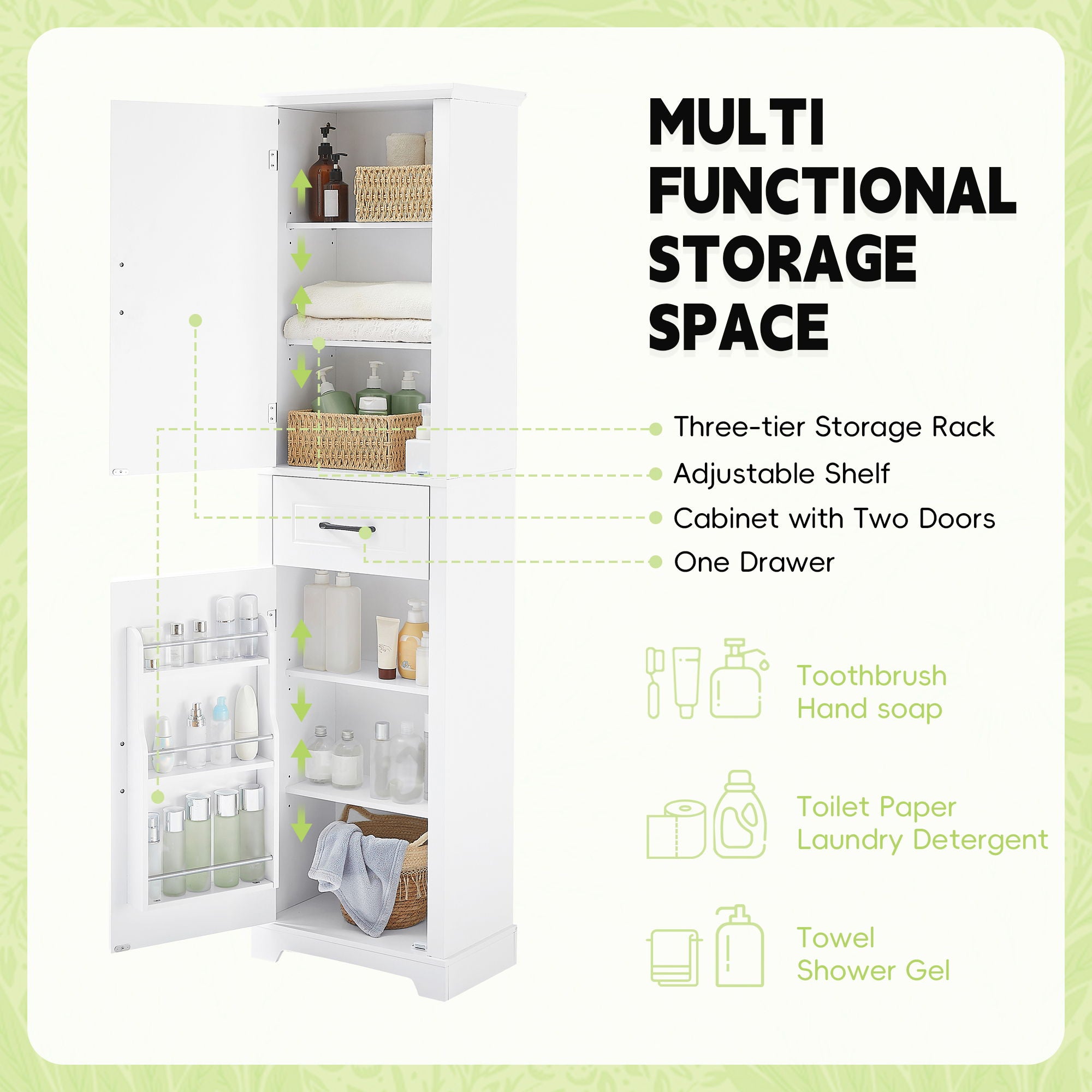 Tall Freestanding Bathroom Storage Cabinet With 2 Doors And Adjustable Shelves