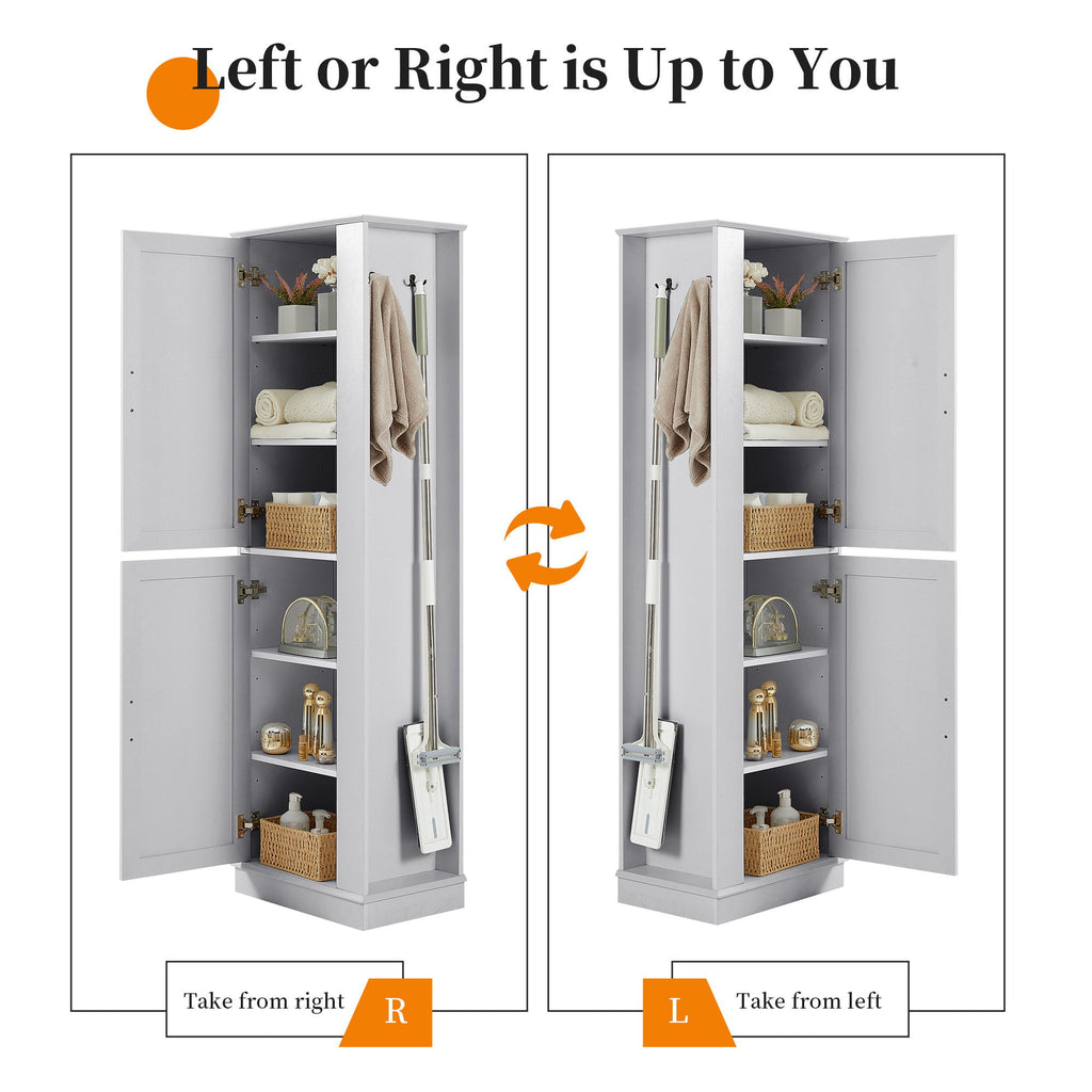Tall Freestanding Bathroom Storage Cabinet With Adjustable Shelves And Side Hooks