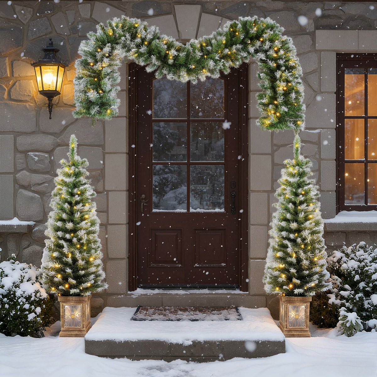 Artificial Christmas 3 Piece Set Wreath And 2 Entrance Trees With LED Lights - White / Green