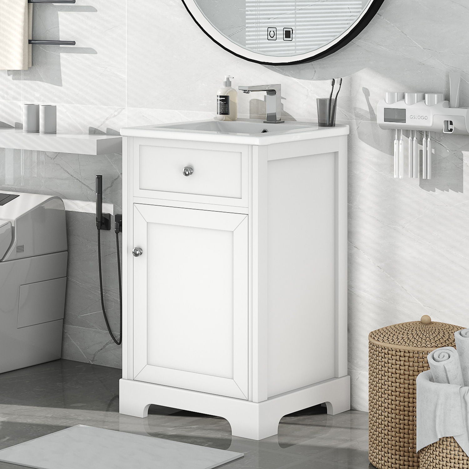 20" Bathroom Vanity With Sink, Soft Closing Cabinet Door, Adjustable Shelf & Storage Rack - White