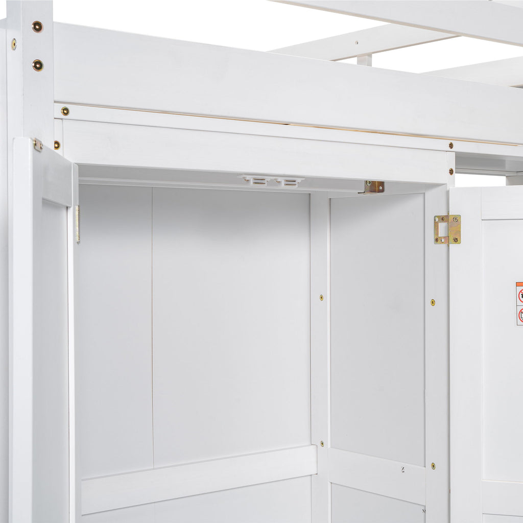 Loft Bed With Built In Wardrobe, Storage Shelves, And LED Light