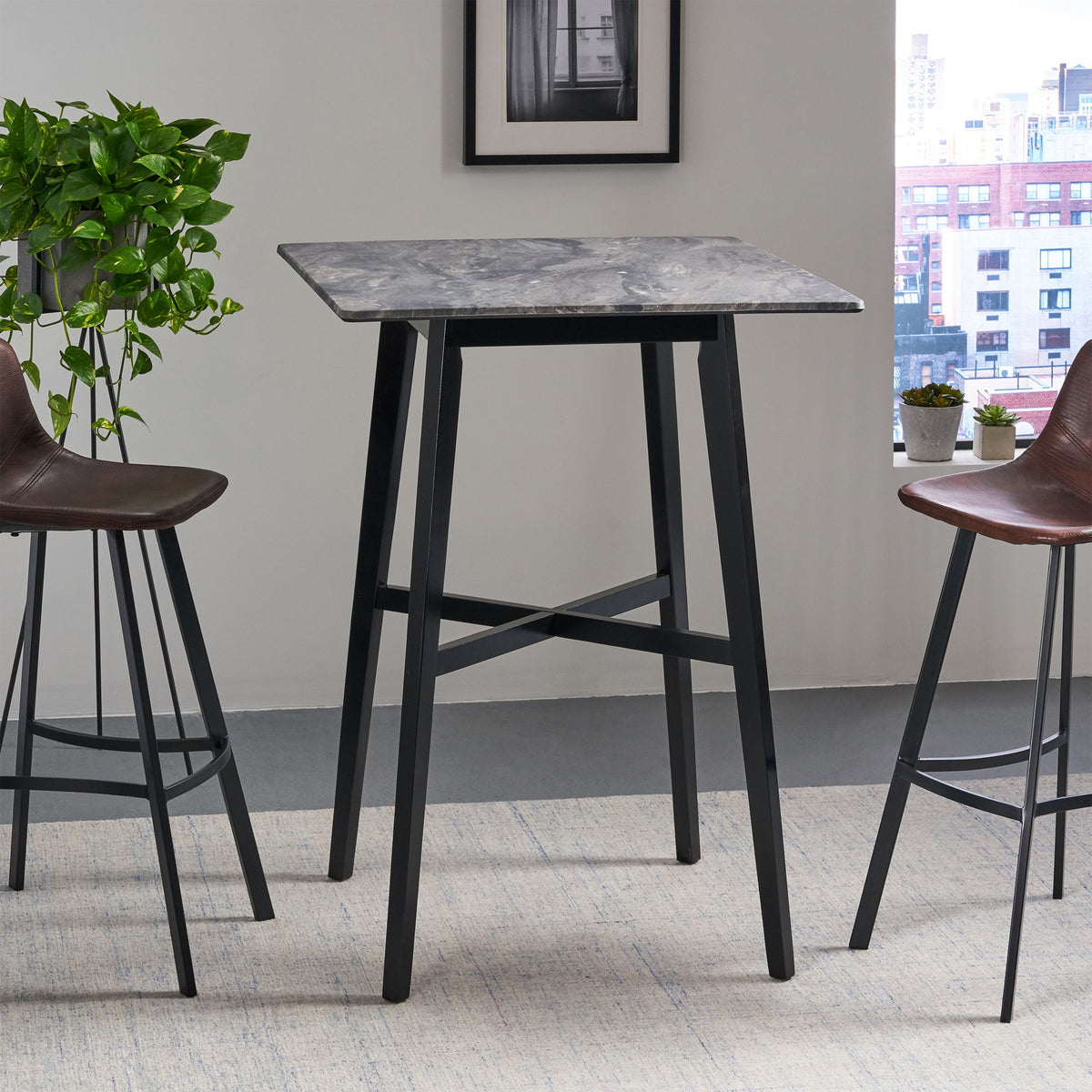Modern Bar Height Dining Table, Rubberwood Legs And Laminate Table Top, Paladina Marble - Gray / Black