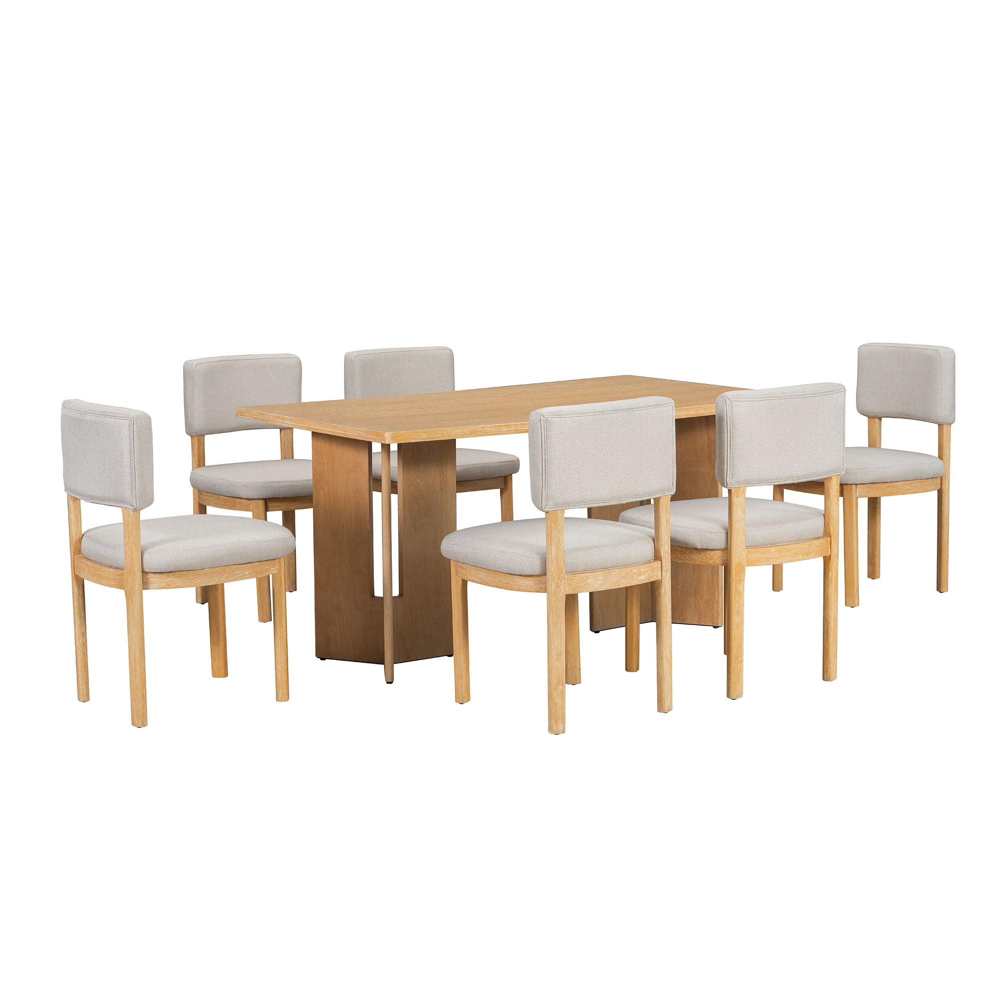 Dining Table Set With 6 Upholstered Chairs, Rectangular Table With Cutout Legs