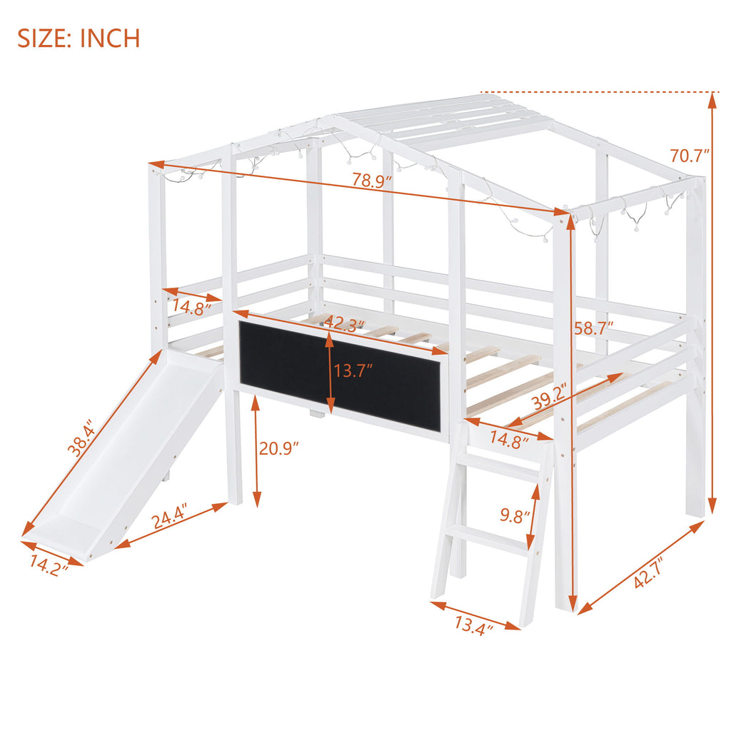 Loft House Bed With Ladder And Slide, With board And Light Strip On The Roof